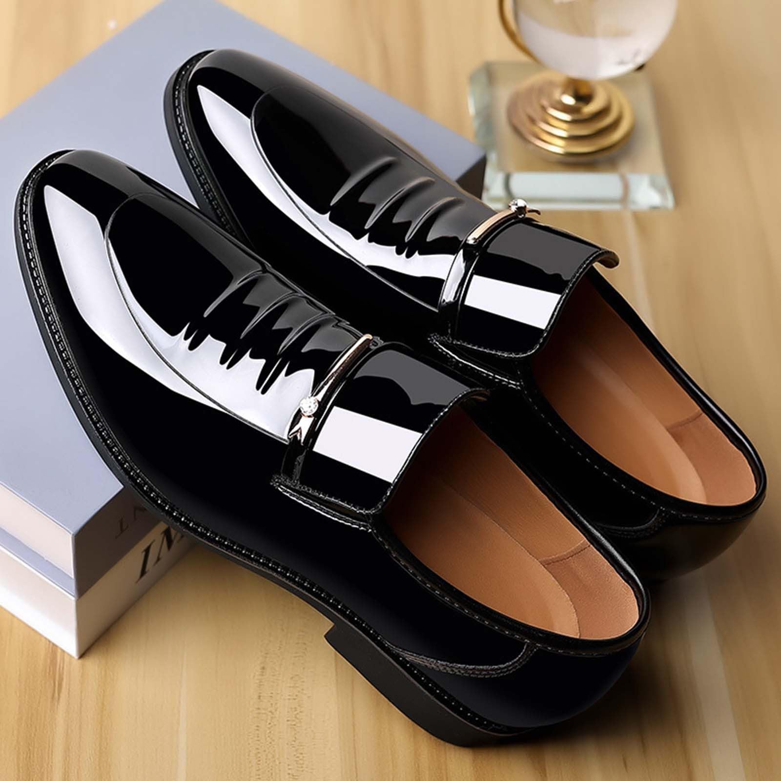Scarpe da uomo classiche e comode, a punta, eleganti, formali, senza lacci, larghe, in pelle lucida, per lavoro, ufficio, affari