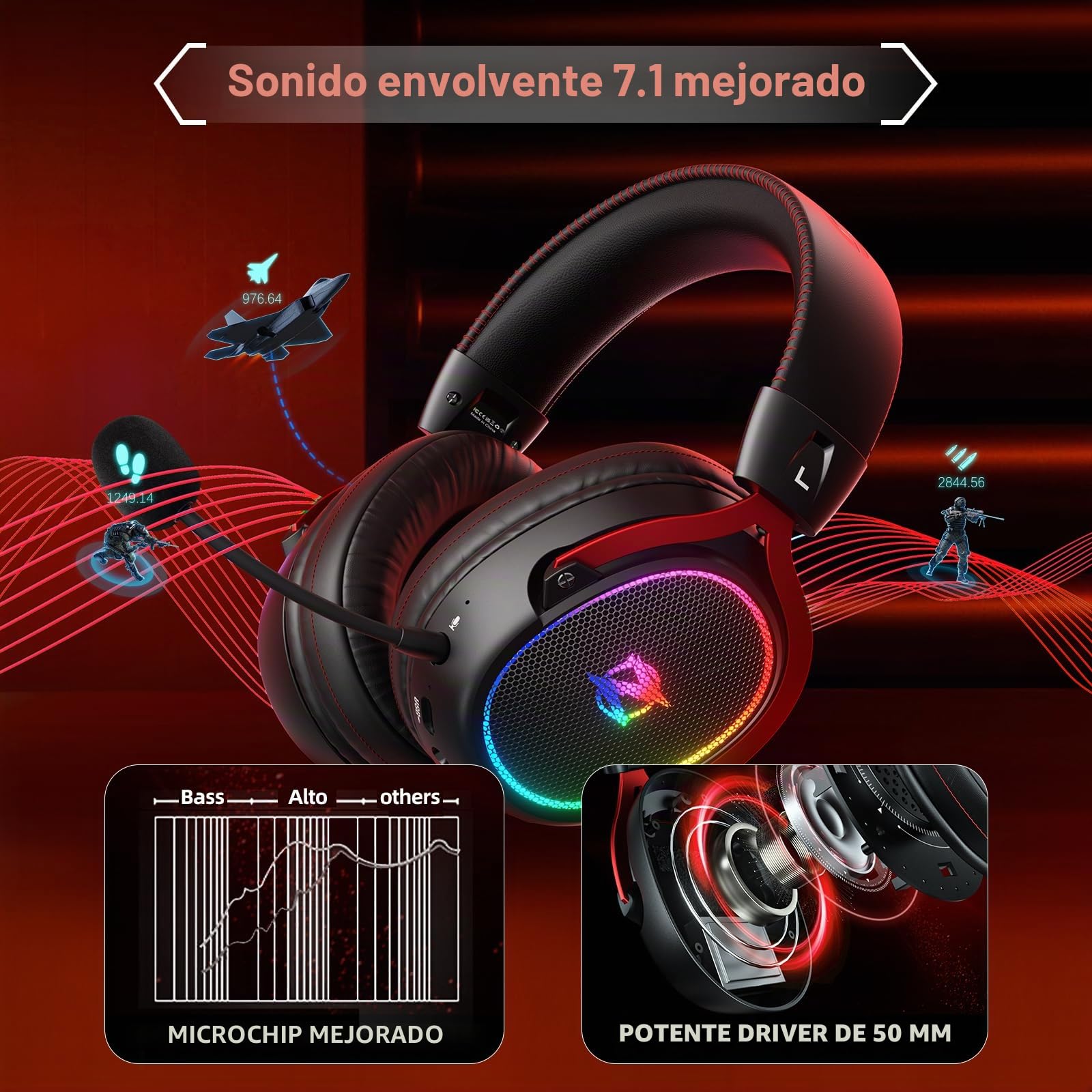 Ozeino Auriculares inalámbricos para Videojuegos de 2,4 GHz, Sonido Envolvente 7.1, micrófono Desmontable ENC con cancelación de Ruido, para PS4/PC/PS5 Auriculares con micrófono, Negro y Rojo