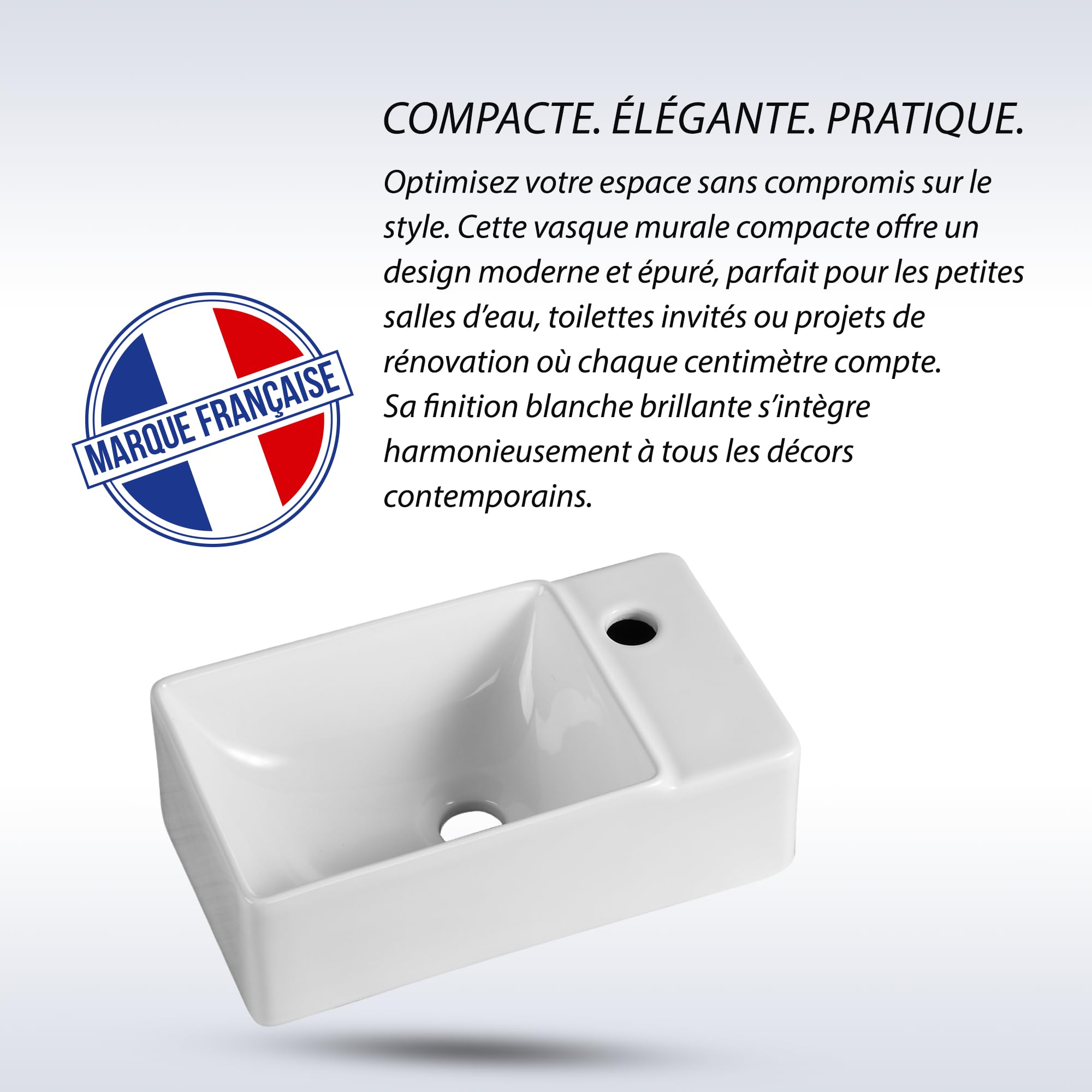 Lavapano rettangolare compatto in ceramica bianca – Lavabo da appoggio di piccole dimensioni, uscita destra – Lavabo design moderno per piccoli bagni e servizi igienici – 40 x 22 x 13 cm