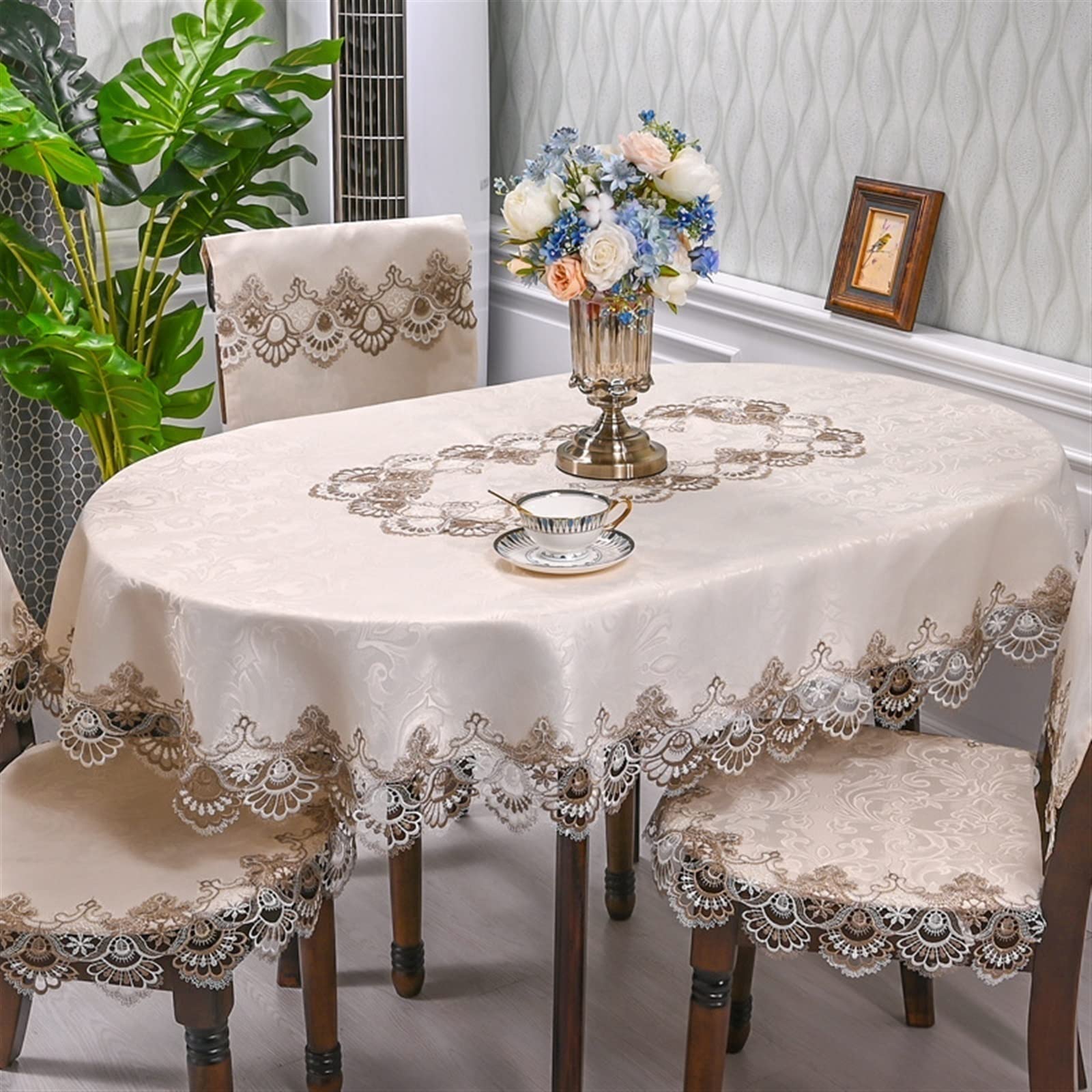 Frinza Table Runners Oval Table Cloth Satin Embroidered Fold Tea Europe Dining Cover Tablecloth Lace Art Dust Chair(B,140X200cm Oval)