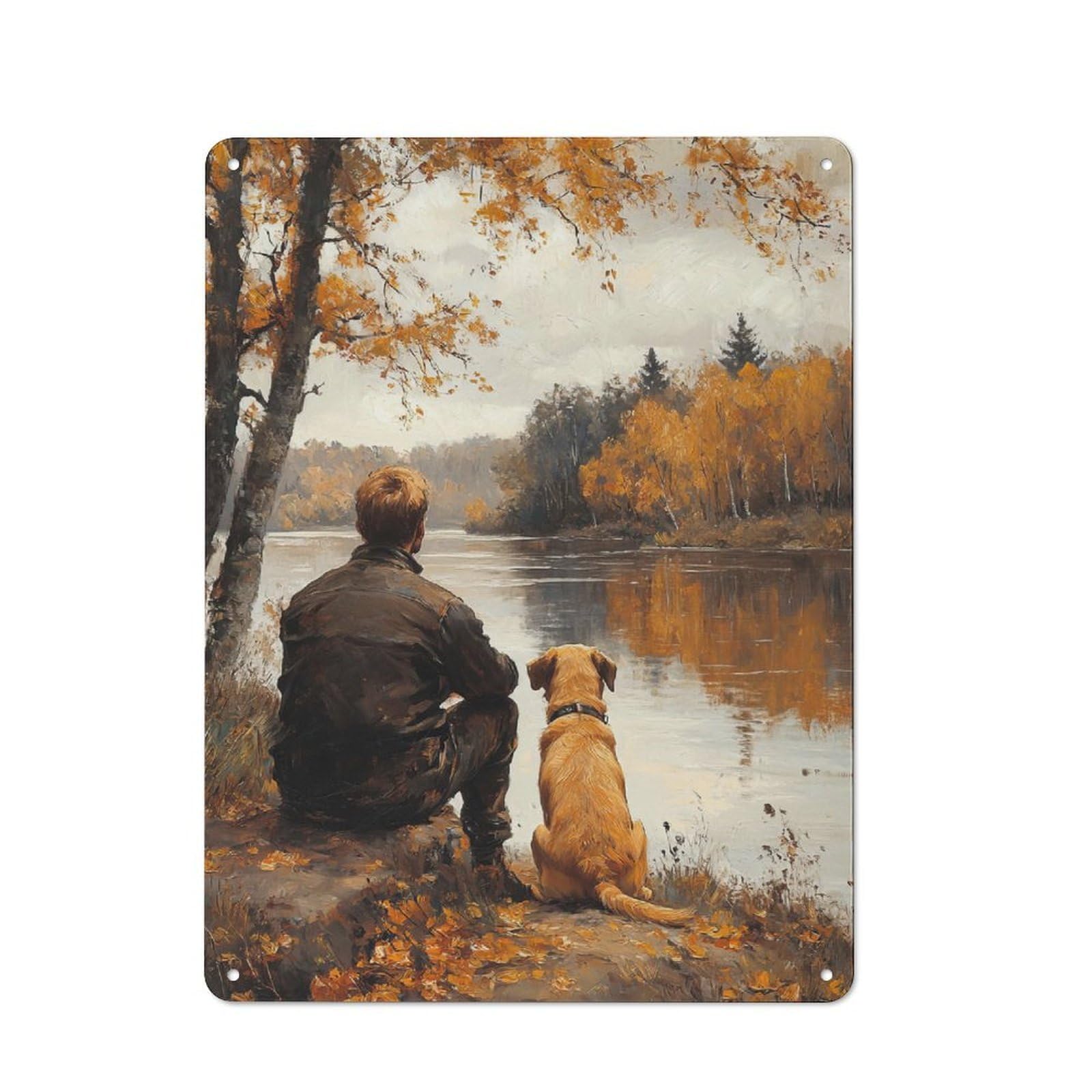 Junmoney Style-24 Man And Dog By The River Rustic Metal Sign 40X30cm For Pub Or Café, For Collectors Of Rustic Metal Wall Decor