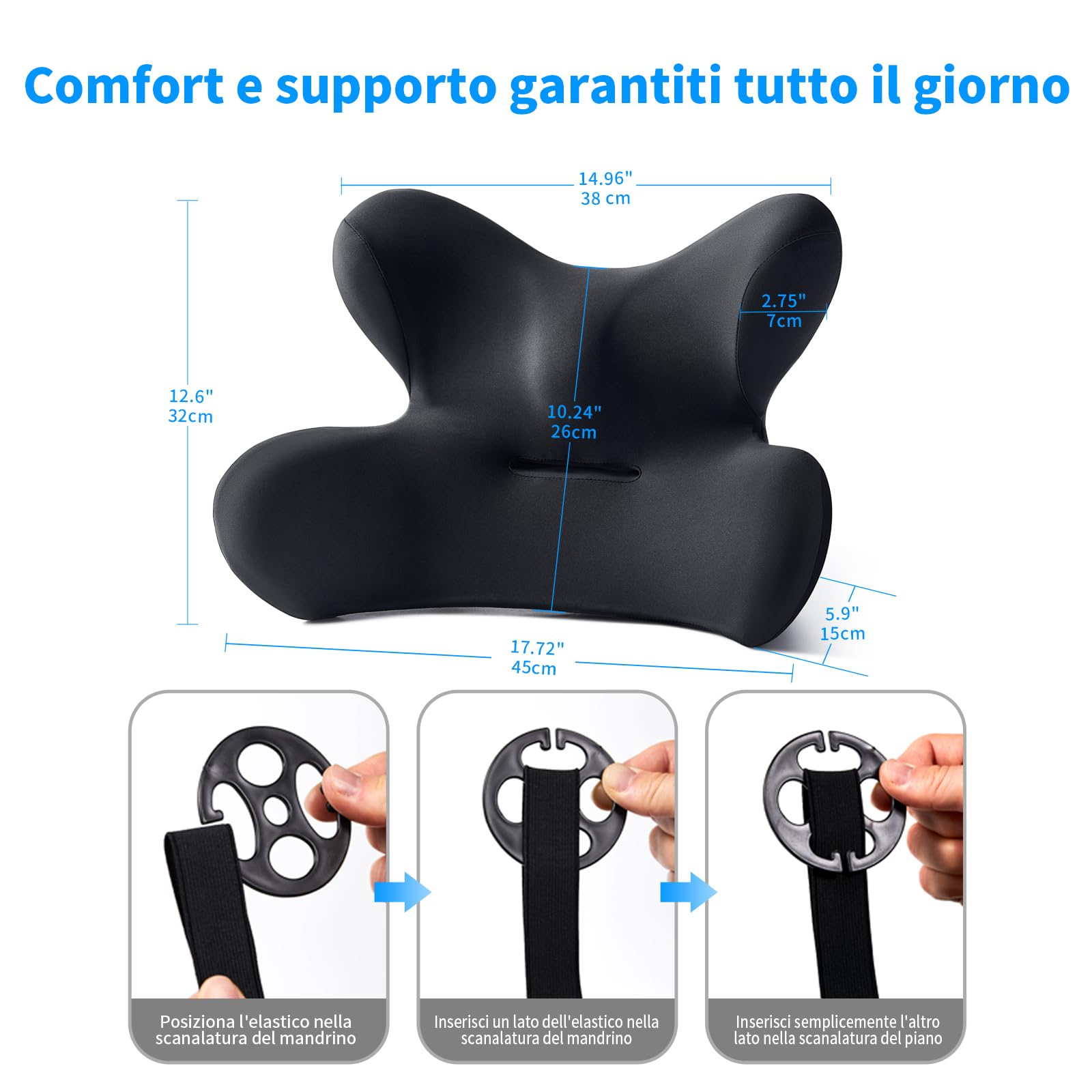 Supporto Lombare Ergonomico In Memory Foam Ad Alta Densità – Cuscino Per Schiena Auto, Ufficio E Casa, Con Cinghie Regolabili, Allevia Il Mal Di Schiena – Nero