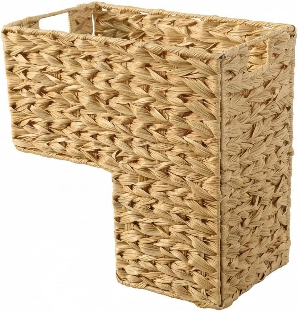Woven Stair Baskets with Cut Out Handles - Natural Water Hyacinth Storage Organizer Bin for Wooden & Carpeted Stairs, Home Clutter Reducing Shelf Decor (Dark brown)