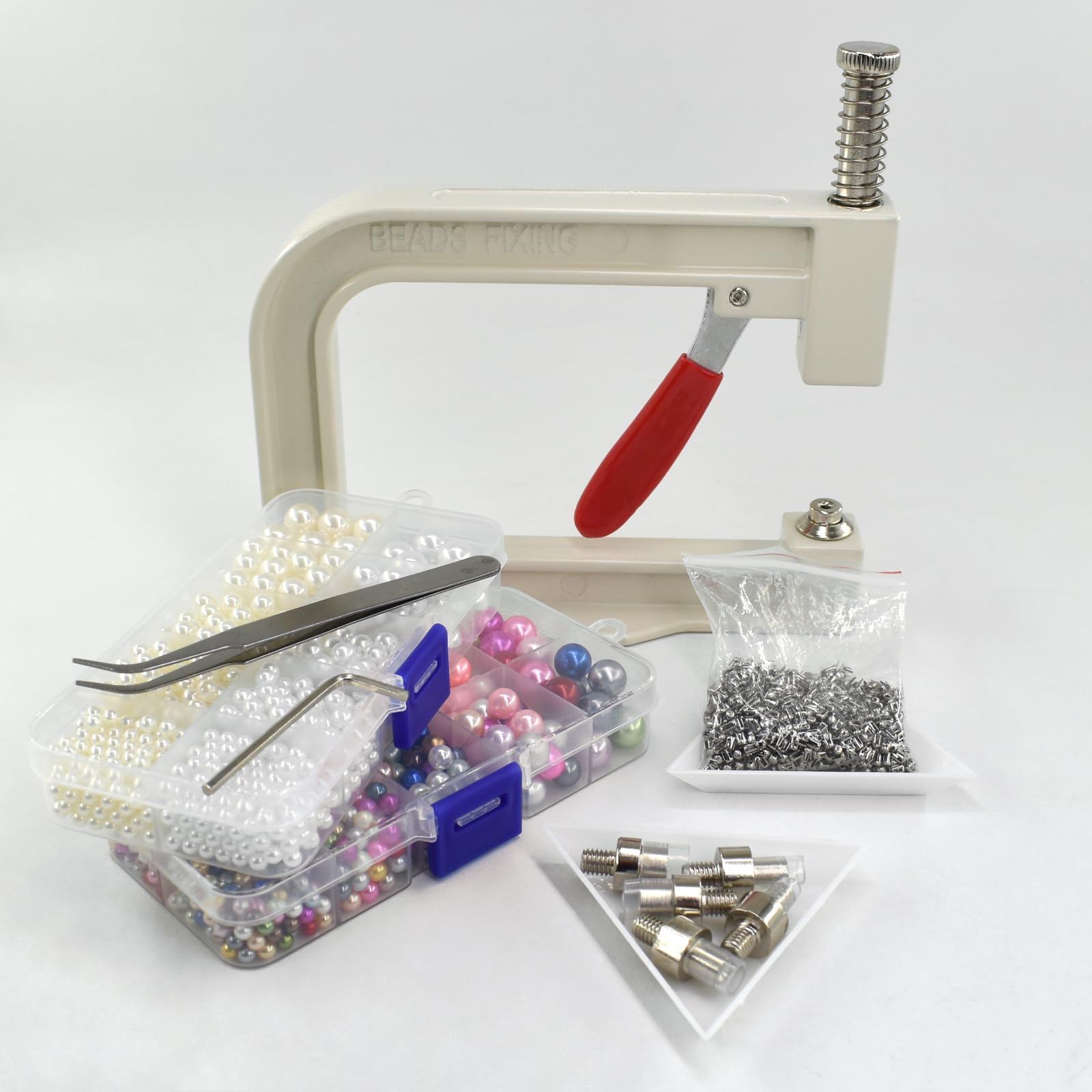 Perlen-Setzwerkzeuge, Handpressmaschine mit bunten Perlen, Nietnieten und Pinzette, zum Dekorieren von Kleidung, Kleidern, Taschen, Haarbändern oder Bastelarbeiten