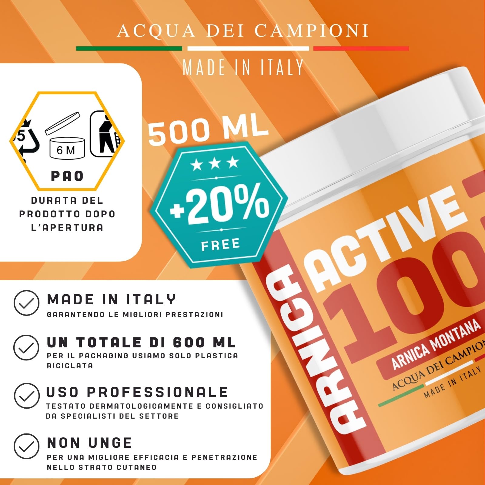 Arnica Per Cavalli Uso Umano con Acido Ialuronico 600ml Arnica Gel Extra Forte Mentolo e Boswellia Rinfrescante Non Unge Crema Masaggio 100% Naturale Made In Italy
