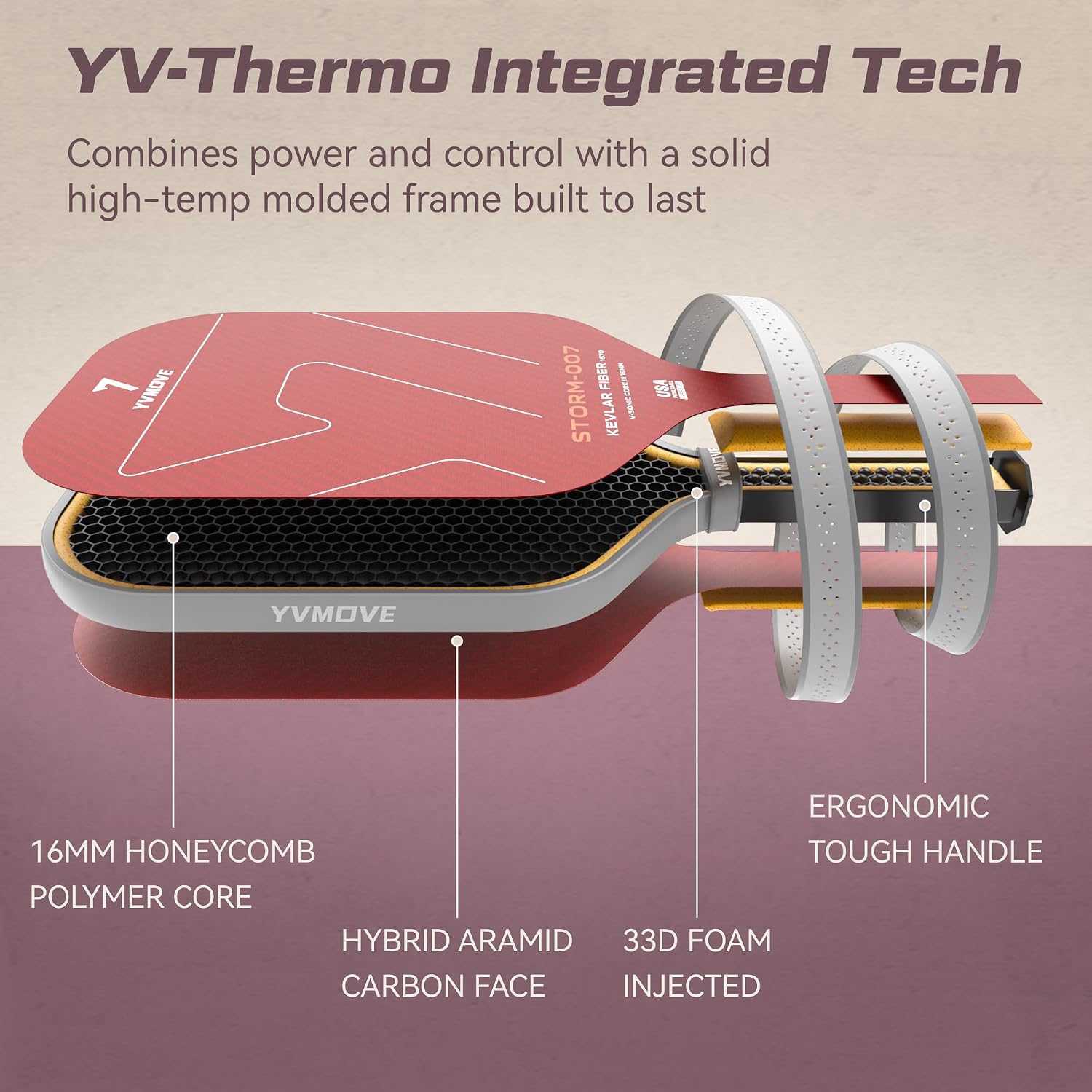 YVmove Pickleball Paddle Thermoformed T700 Kevlar Carbon Fiber Friction Surface Exceptional Spin & Power 16mm Core Composite Pickle Ball Racket