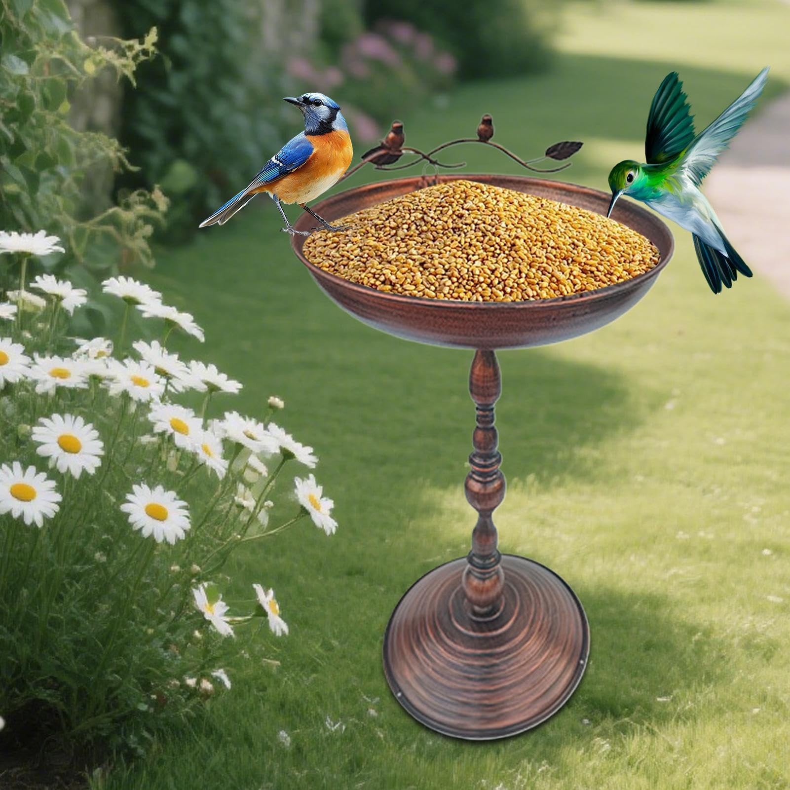 Bagno Per Uccelli Da Esterno Vasca Da Esterno Verticale Con Mangiatoia | Statua Anticata con Vasca per Cibo Animali per Colibrì Pappagalli e Cocorite