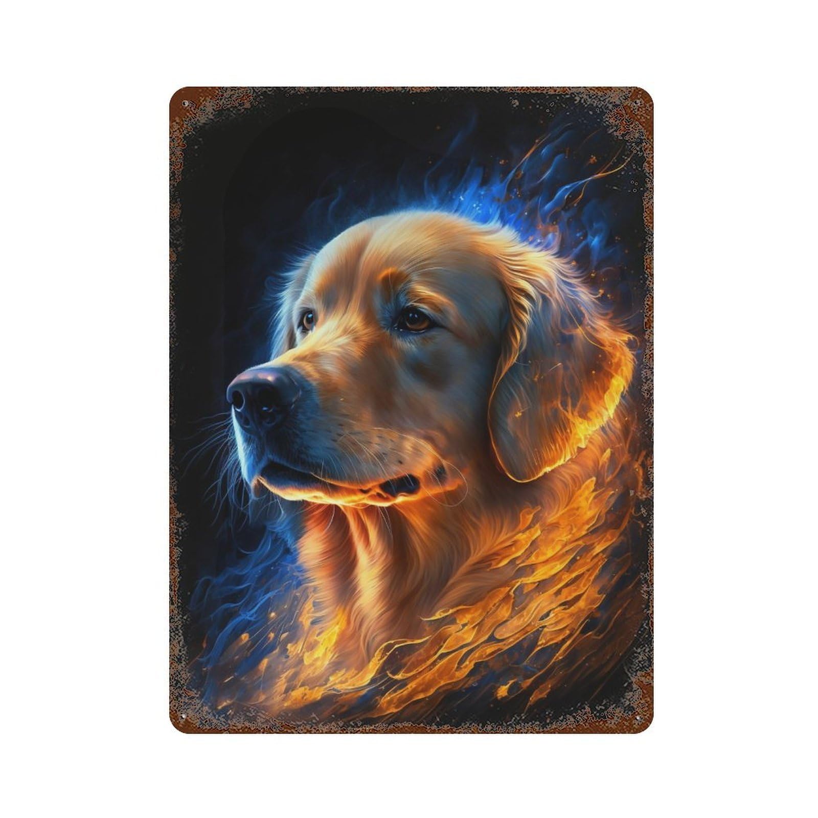 Vintage Rust Metal Sign with Golden Retriever Fire Design 15.7"x11.8", for Shed, Workshop And Garage Wall Decor, Retro Wall Decor