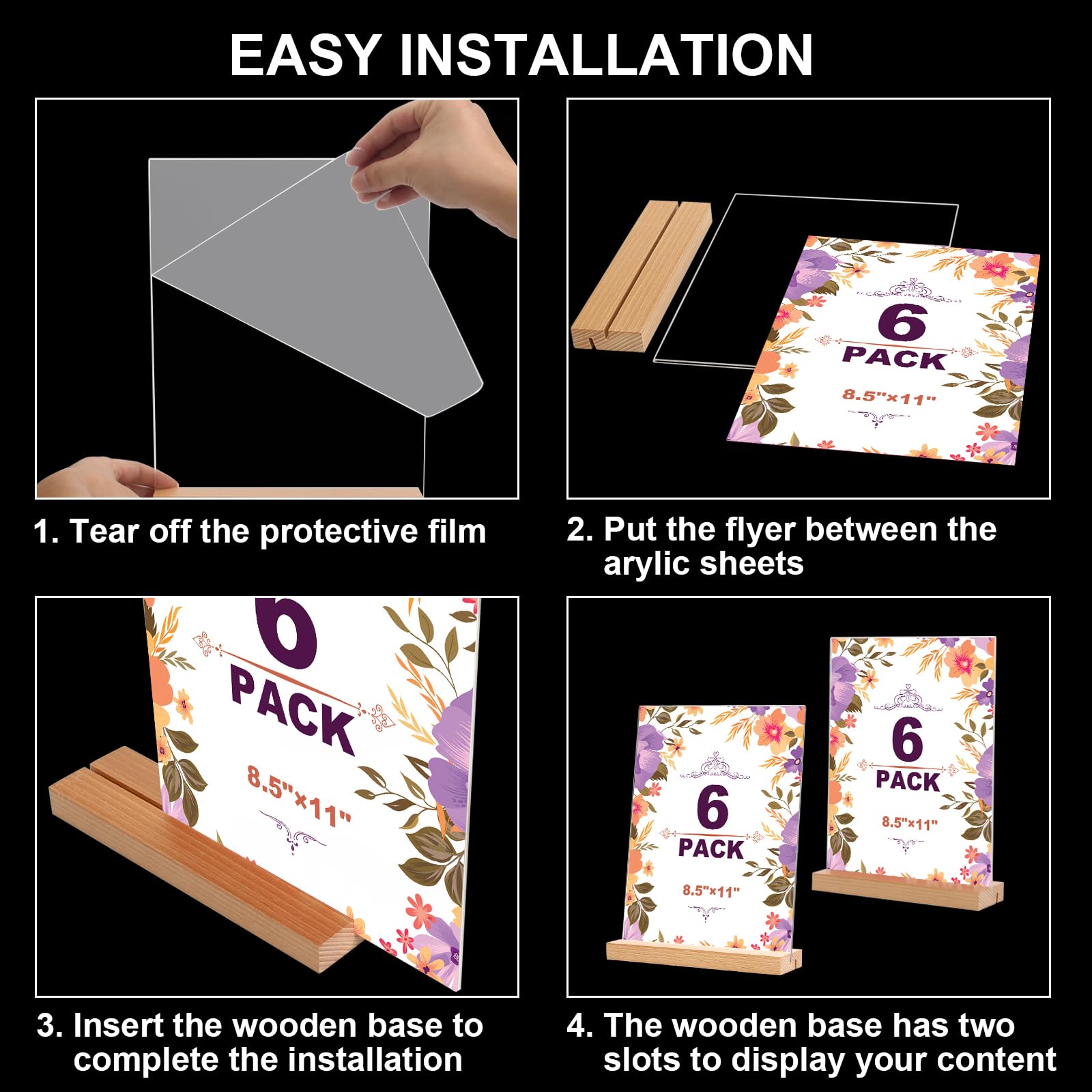 Daofary 6 Pack Acrylic Sign Holder 8.5 x 11 in, L/T Shape Clear Acrylic Frames Wood Base, Plastic Sign Holder Standing - Table Menu Display Stand for Restaurant