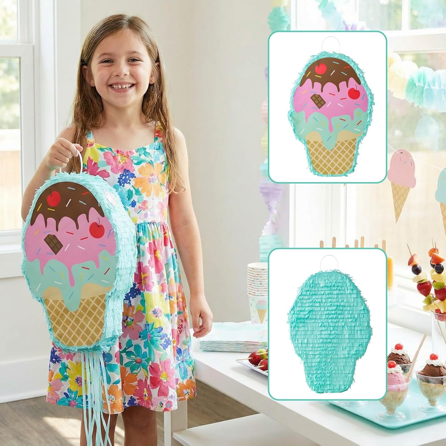 Ice Cream Piñata Kids Piñata with Blindfold and Stick for Ice Cream Candy Birthday Party Cute Dessert Party Piñata Summer Kids Party Supplies Decor (16.93×11.42×3.15 in)