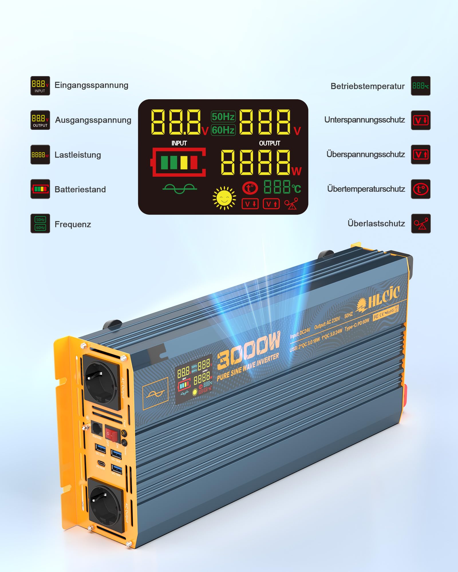 Trasformatore di tensione 3000 W24 V, inverter sinusoidale puro da 24 V a 230 V, con presa 2 EU, 1 USB C, 3 ricarica rapida, display LCD per camper camion e auto