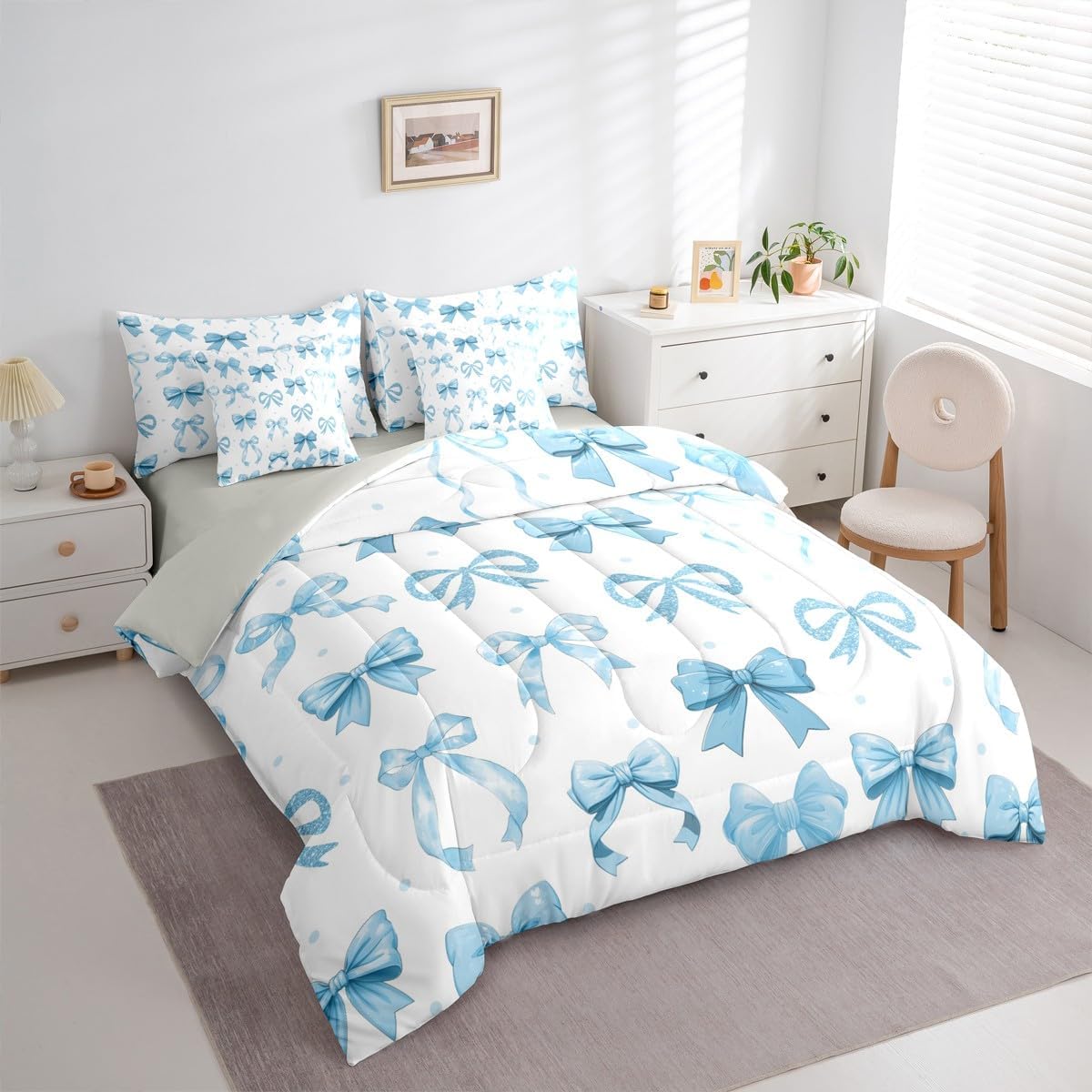 Erosebridal Blue Ribbon Bow Bed in A Bag Twin, Dreamy Princess Bows Comforter Set with Sheets for Kids Teens Women Girls Bedroom, Kawaii Bow Tie 7-Piece Bedding Set Bowknot Blue Polka Dot Bed Sets