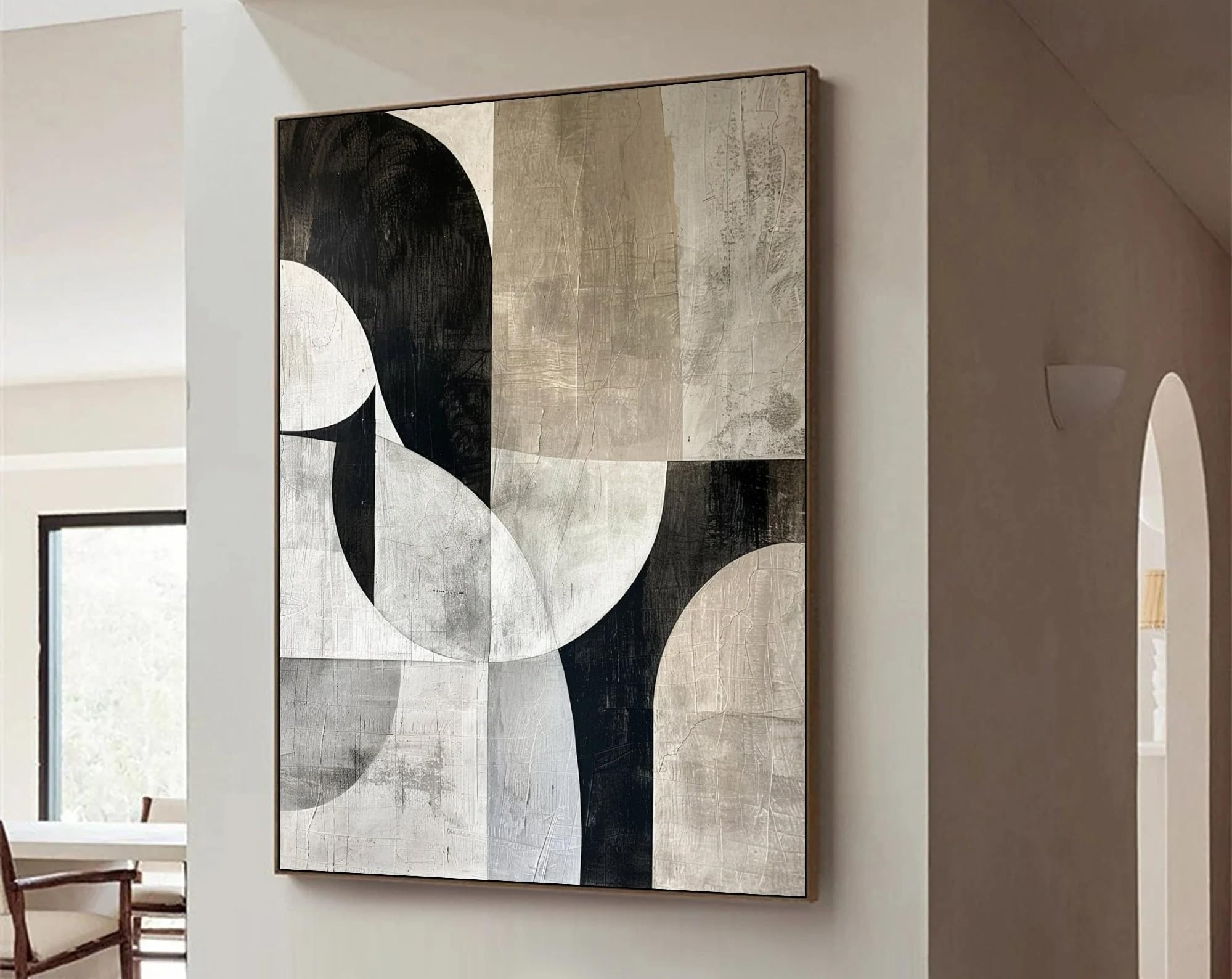 UUDEZO Cuadro al óleo geométrico abstracto en tonos beige, gran obra de arte para pared en tonos beige y negro, decoración neutra (90x110 cm (35x43 pulgadas)
