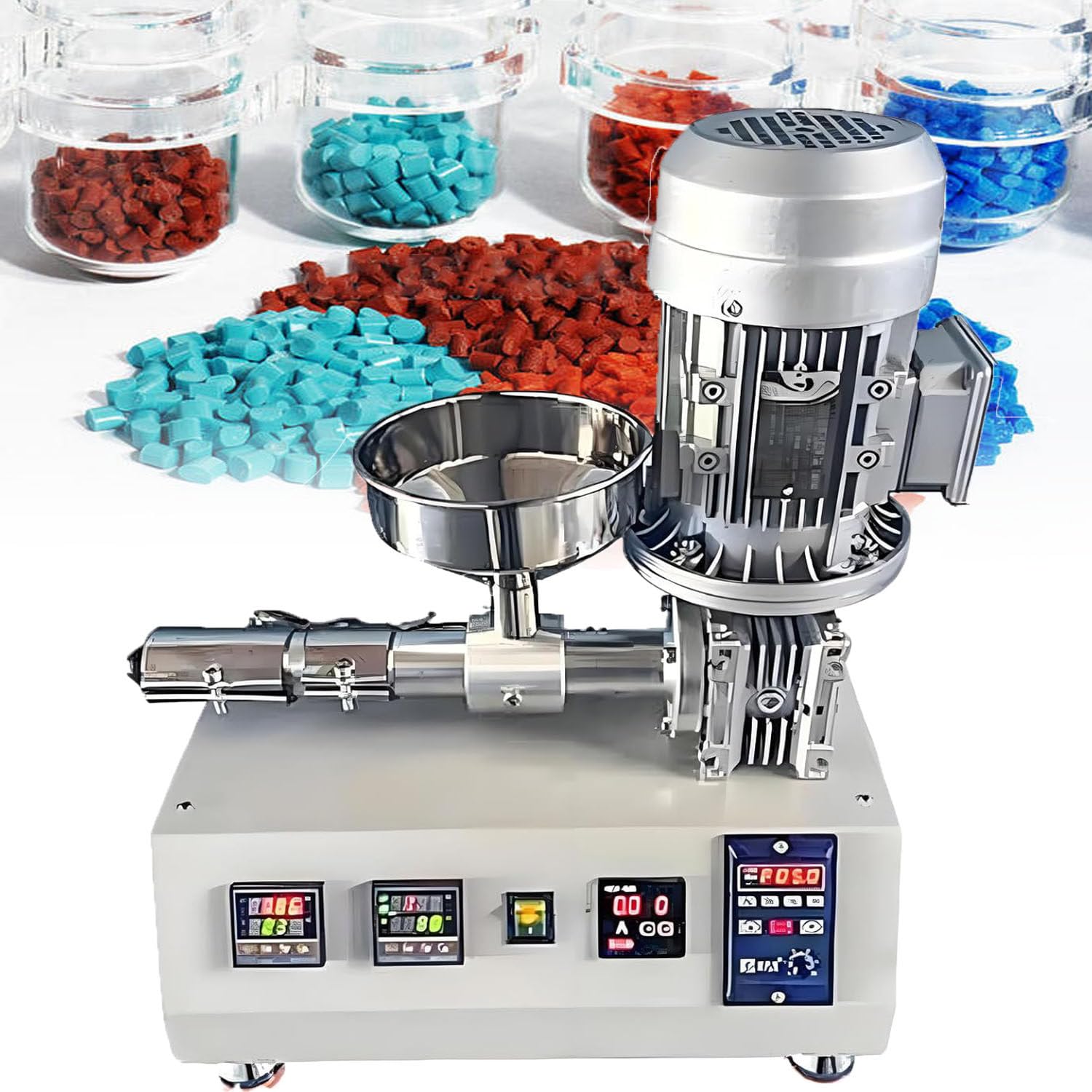 Wytłaczarka do filamentów do druku 3D, współpracuje z PE, PP, PS, PA, ABS, PET, TPU, wydajność 0,5-1 kg/h, kontrola temperatury PID 0-350°C, wytłaczarka jednoślimakowa warsztatów i rodzinnych