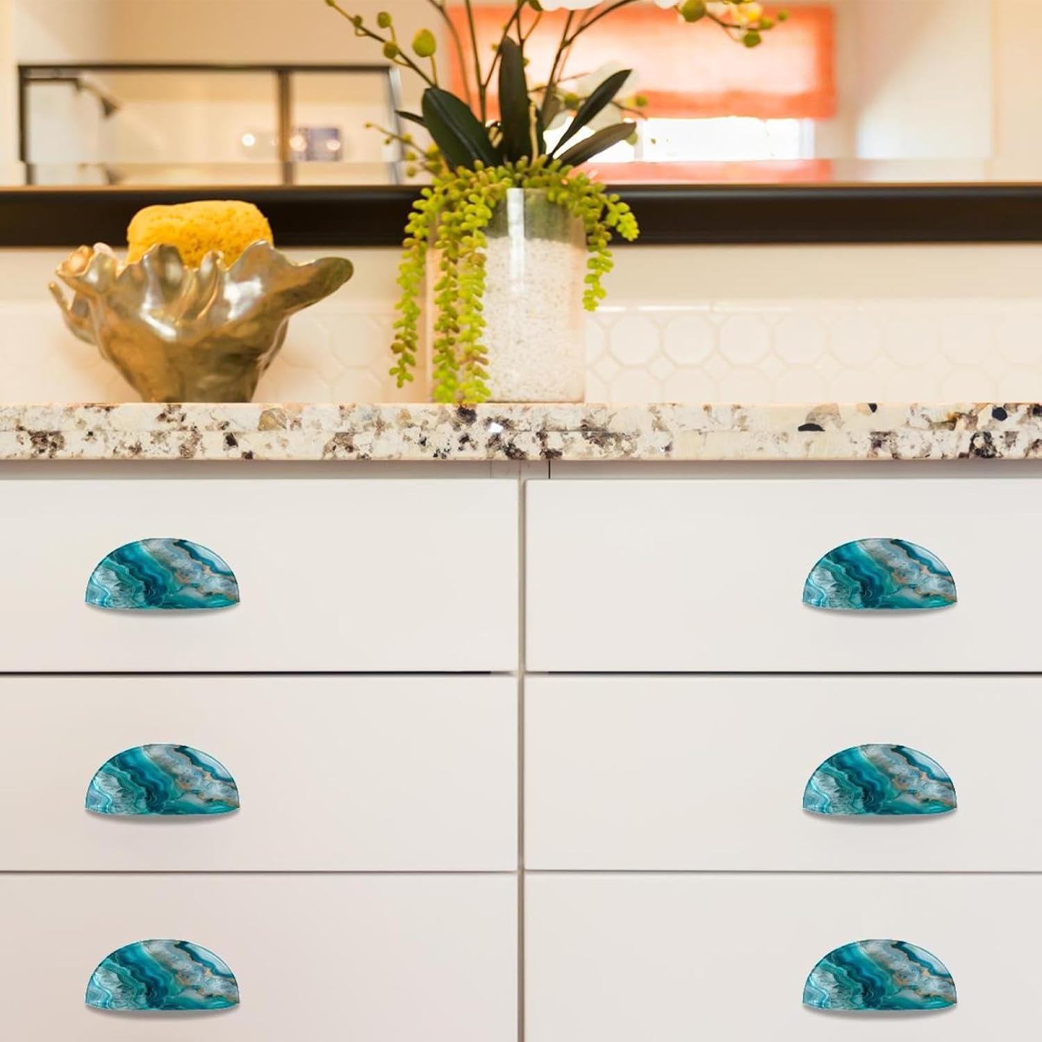 NEWzone 6 Pack Cabinet Cup Pull Teal Agate Drawer Pulls Cabinet Handles for Cabinets and Drawers, 2.6 Inch Hole Centers Dresser Handles, Kitchen Cabinet Hardware