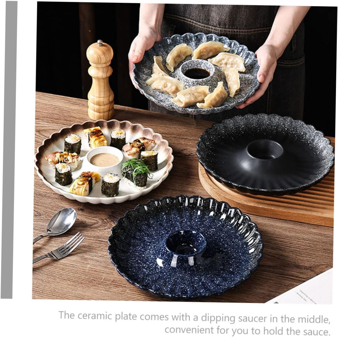 Unomor Ceramic Sushi Plate Japanese Style Dumpling Serving Plate Dip Dish Decorative for Home