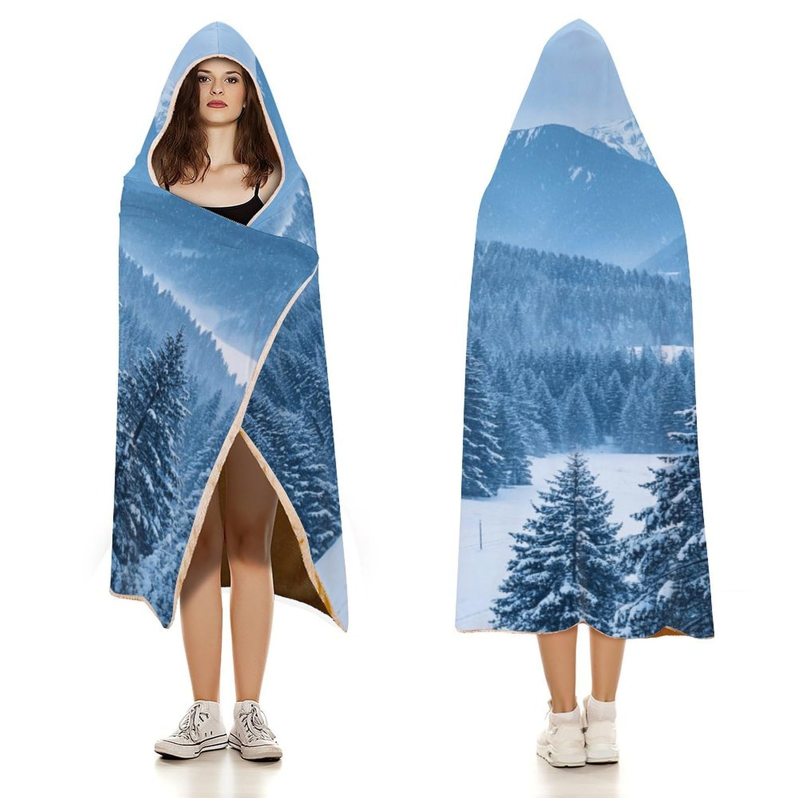 Manta poncho envolvente de gran tamaño, suave y cálida, manta para adultos, manta de pino, nieve, montaña, sudadera con capucha