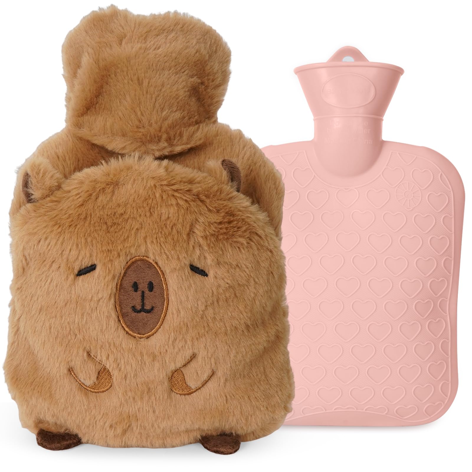 HOSSOM Bolsa De Agua Caliente Con Funda,1L Bolsa de Agua Caliente,Bolsa de Agua caliente para Niños,Bolsa De Agua Caliente Peluche,Con Bolsillo Tipo Canguro,Desmontable y Lavable