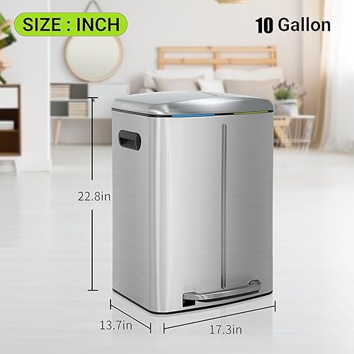 Miniatura 7 de BLKMTY Bote de basura de 10 galones de 45 litros, doble basura, de acero inoxidable, con tapa, cubo interior, contenedor de basura para la oficina
