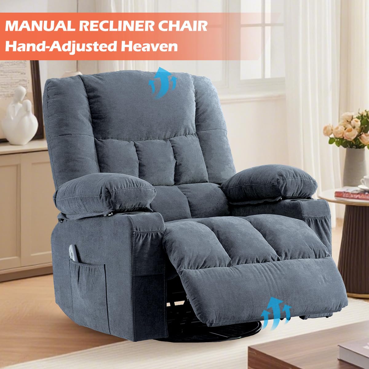 MAHOMICO Recliner Chair with Cup Holders for Living Room Single Seat Manual Oversized Recliner with Ergonomic, Side Pocket for Adult view 8