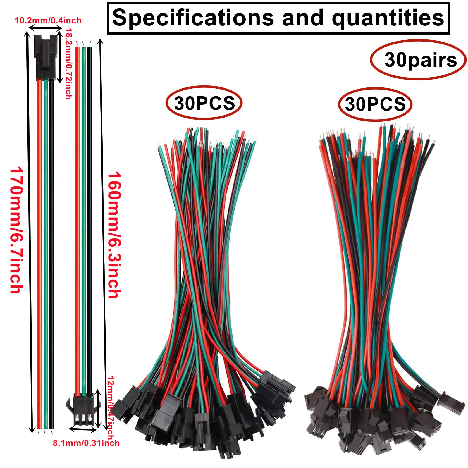 HUAZIZ 30 Pairs 22AWG Maschio/Femmina JST 3 Pin SM connettori Lunghezza Filo 150mm Rosso/Nero/Verde Plug Match Adattatore Cavo Cavo Connessioni