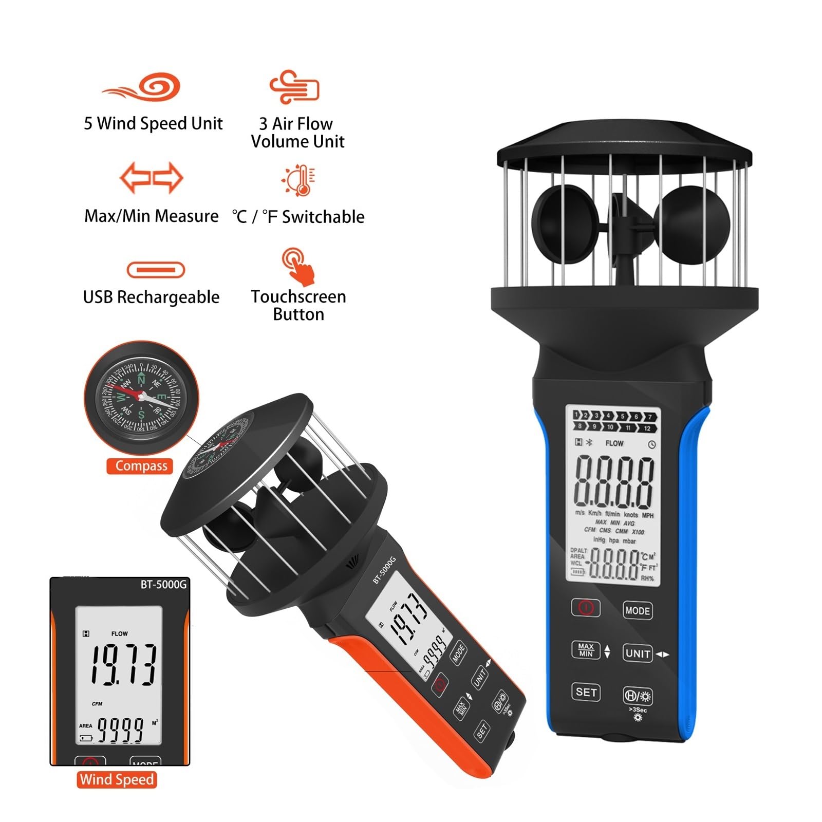 Anemómetro Azul Velocidad del Viento Volumen Aire Medición de Temperatura Luz Fondo multifunción,BT-5000G(Orange)