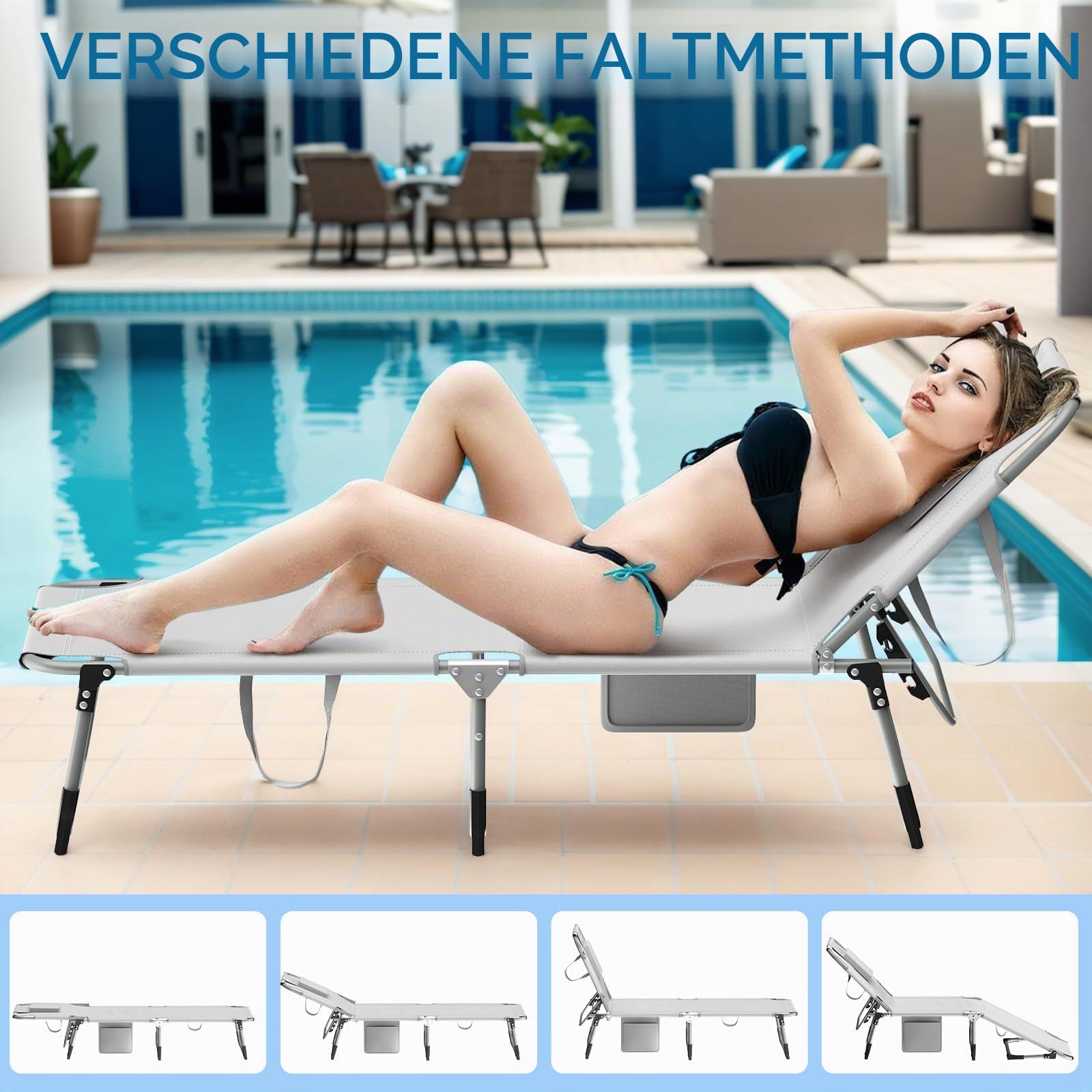 Sonnenliege mit Gesichtsöffnung,Klappbare Gartenliege,Liegestuhl mit U-Kissen&3-Fach Verstellbarer Rückenlehne,Gartenstuhl,Strandliege,Relaxliege Faltbar für Sonnenbaden,Strand,Garten,Camping,Hellgrau