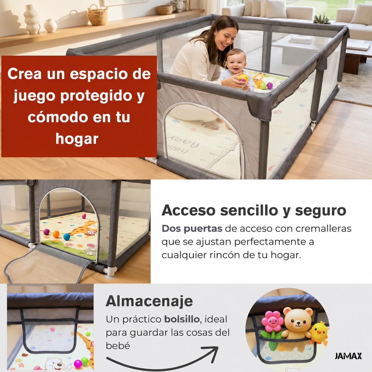 Parque Infantil Bebe JAMAX | Corralito bebe | Parque bebe Alfombra Acolchada Reversible 1,5 cm de Grosor + 6 Pelotas Sensoriales + Libro Sensorial + Bolsa transporte (150x180 Libro Sensorial)