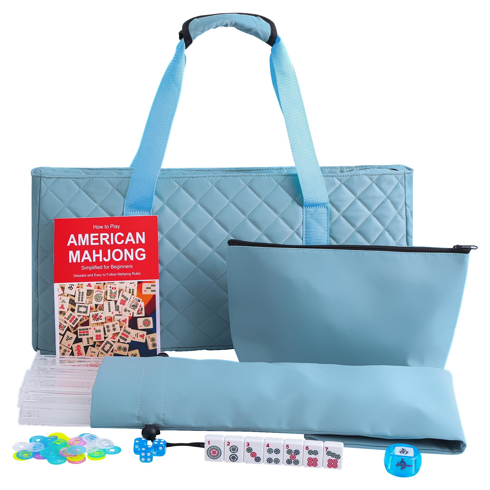 Jongyance American Mahjong Set with Light Blue Carrying Bag, 166 White Tiles, 4 Racks with Pushers, Mahjong Tiles Set for Beginners