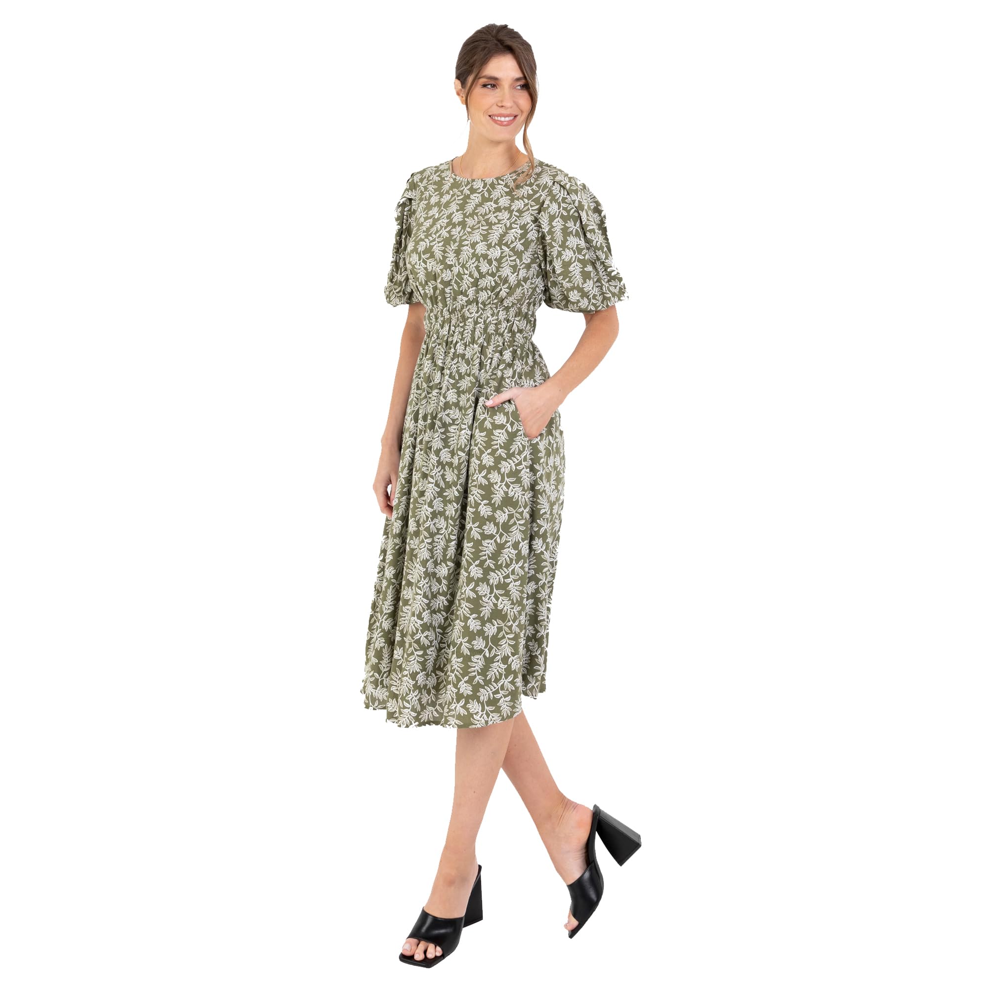Lovedrobe Women's Ladies Midi Dress Round Neck Short Puff Sleeves Crossover Elasticated Waistband Leaf Print A-line Casual Green 26