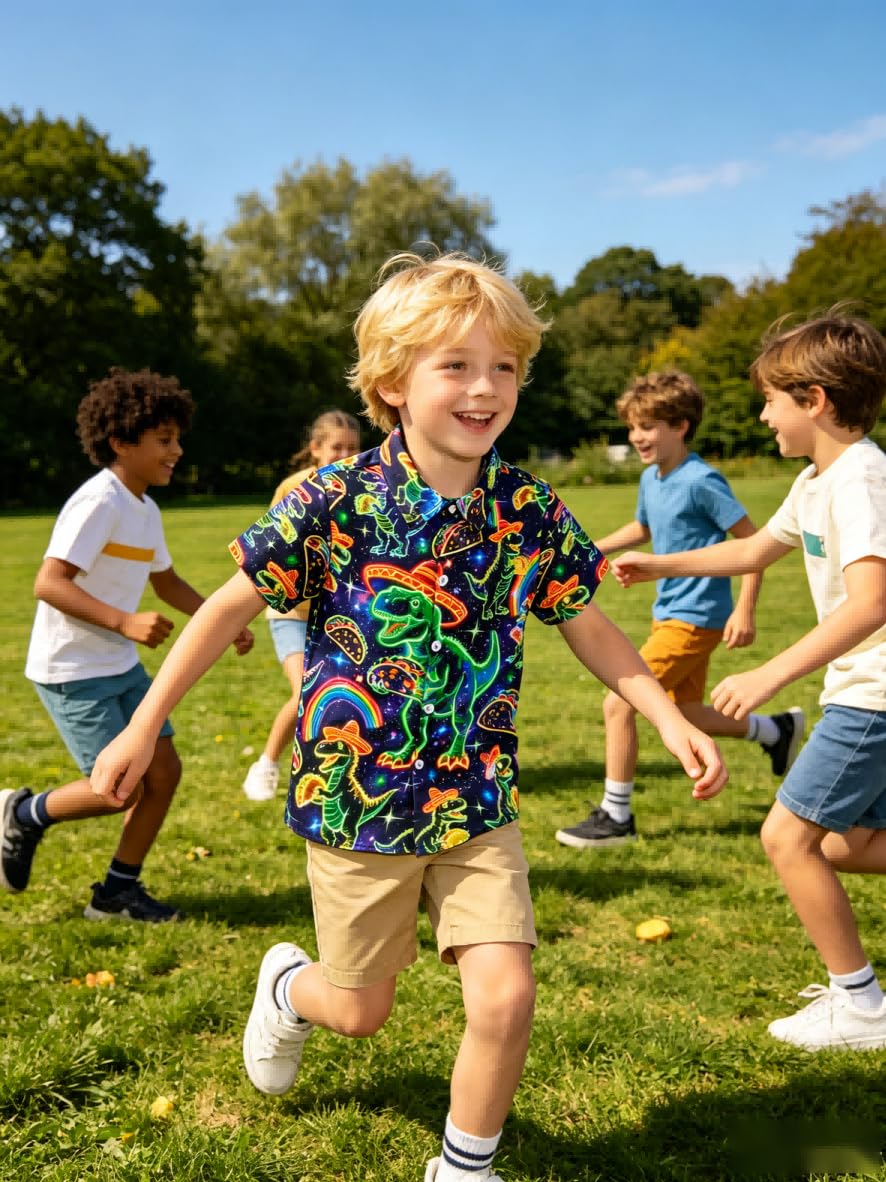 ALISISTER Neon Hemd Jungen Kurzarem Hawaiihemd Kinder mit Knöpfe Sommerliches Freizeithemd 3-10 Jahre