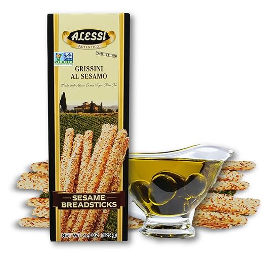 Alessi Imported Breadsticks, Sesame Autentico Italian Crispy Bread Sticks, Low Fat Made with Extra Virgin Olive Oil, 4.4oz (Sesame, 4.4 Ounce (Pack of 12))