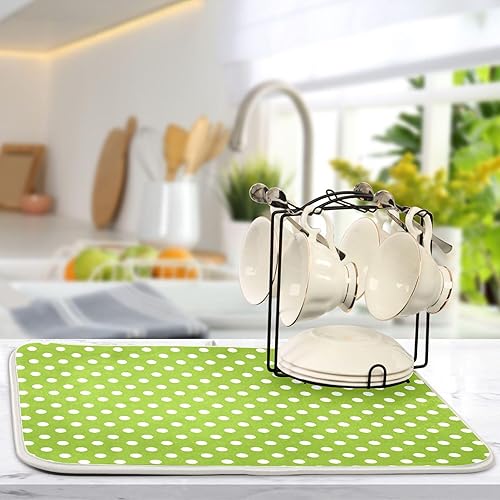 Miniatura 5 de Tapete de secado de platos verde para cocina, tapete de secado de microfibra verde menta con lunares blancos, tapete de secado de microfibra