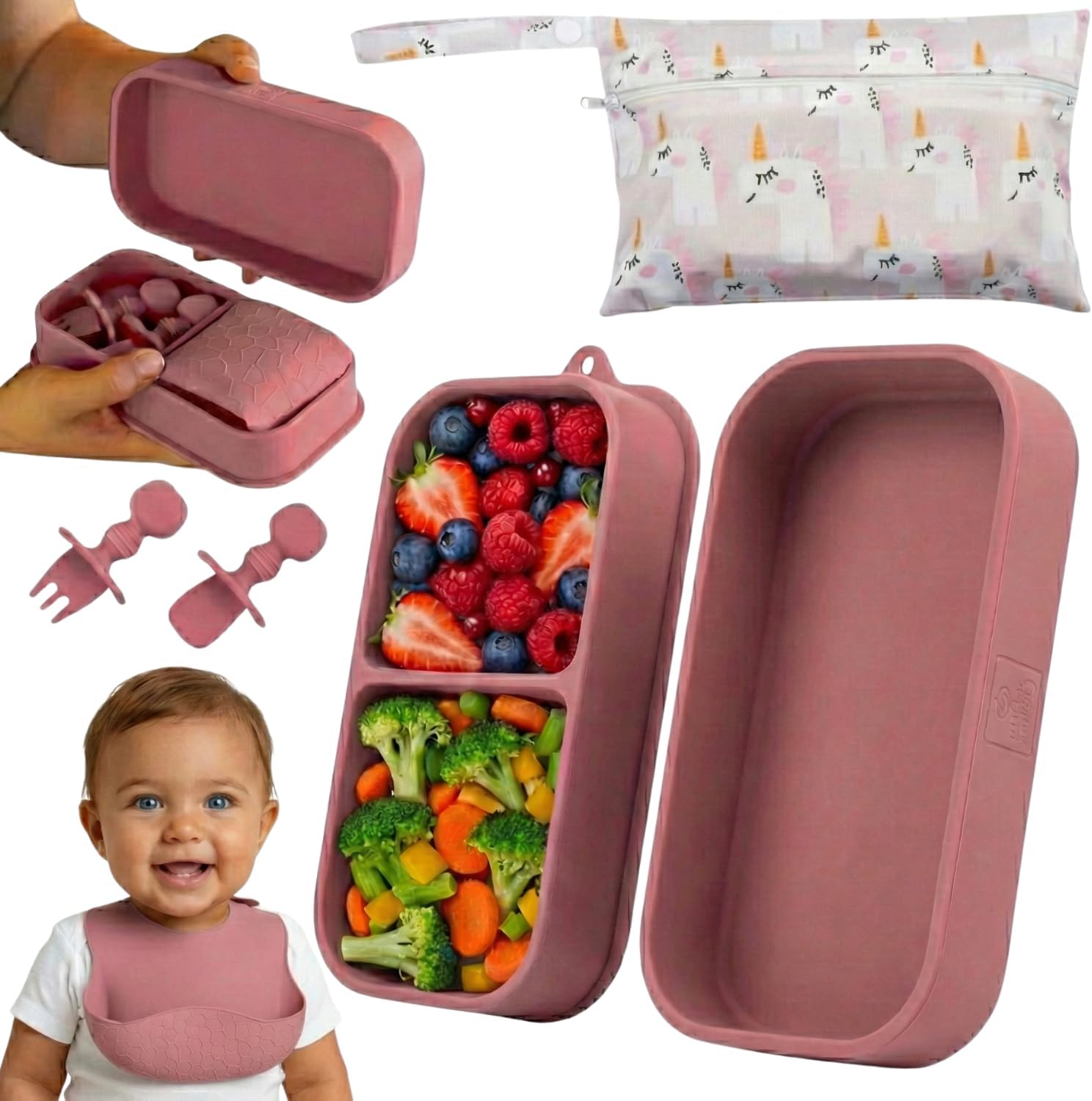 Baby Travel Essentials 6 Pc Silicone Feeding Set - Portable Toddler Plates with Suction, Baby Spoons & Foldable Bib in Carrying Case - BPA-Free Infant & Toddler Utensils for Airplanes & Eating Out