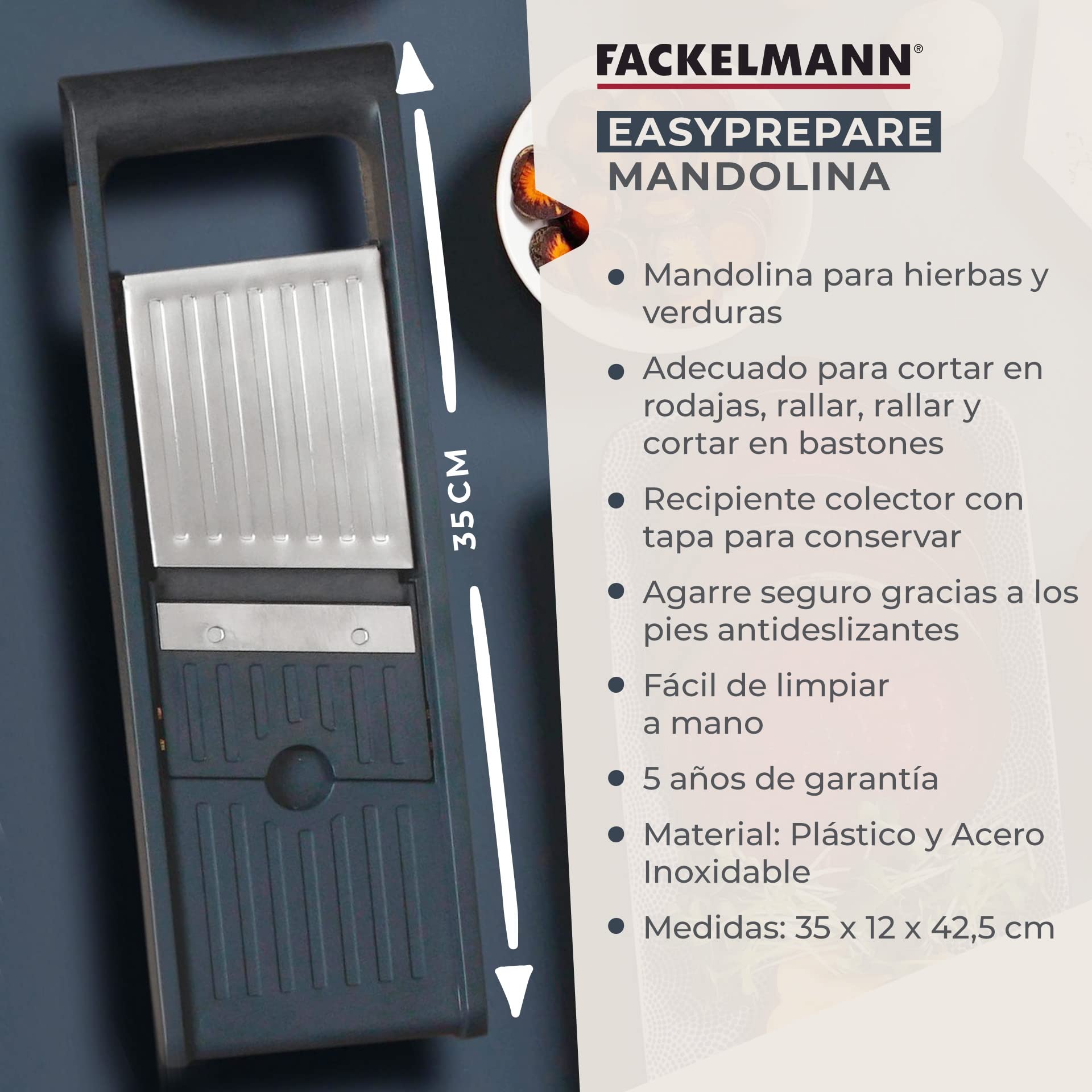 FACKELMANN Mandolina de Cocina Regulable Profesional con salvadedos en plástico y acero inoxidable de admirables calidades, azul e inox, 6ud.