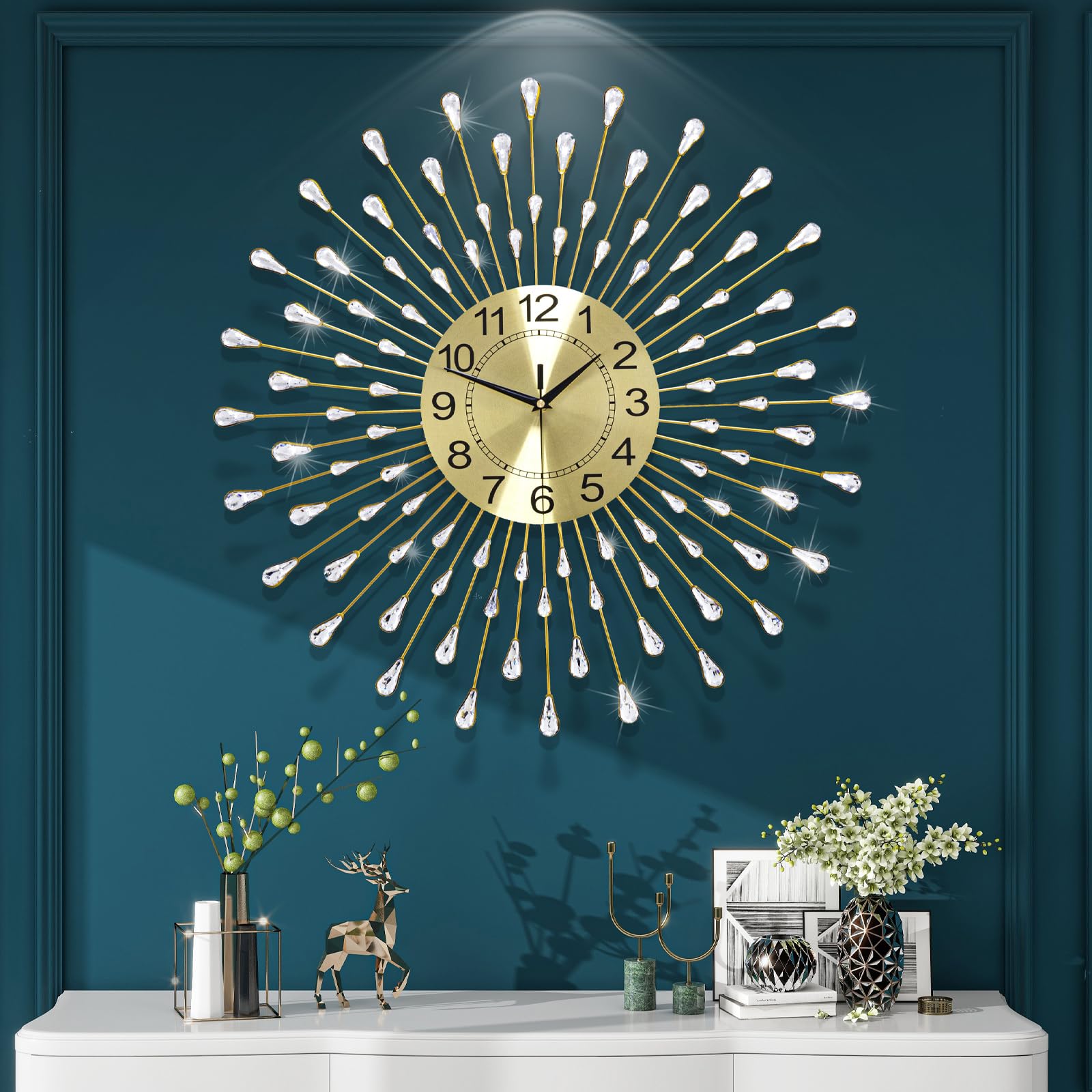 FLEBLE Wall Clocks for Living Room Decor Large Wall Clock Battery Operated 24" Silent Non-Ticking for Kitchen,Home,Office,Bedroom,Office Indoor Crystal Round Gold Wall Decoration