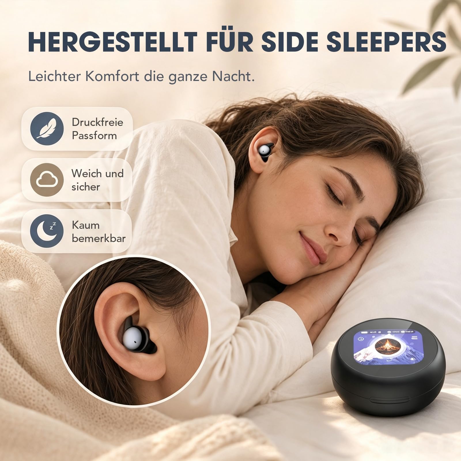 NE90 Schlafkopfhörer für Seitenschläfer, Mini Bluetooth 6.0 Kopfhörer zum Schlafen mit Smart-Touchscreen-Case, Sleep-Timer, Dual-Bluetooth, 18 Std. Akku, KI-Übersetzung in 160+ Sprachen