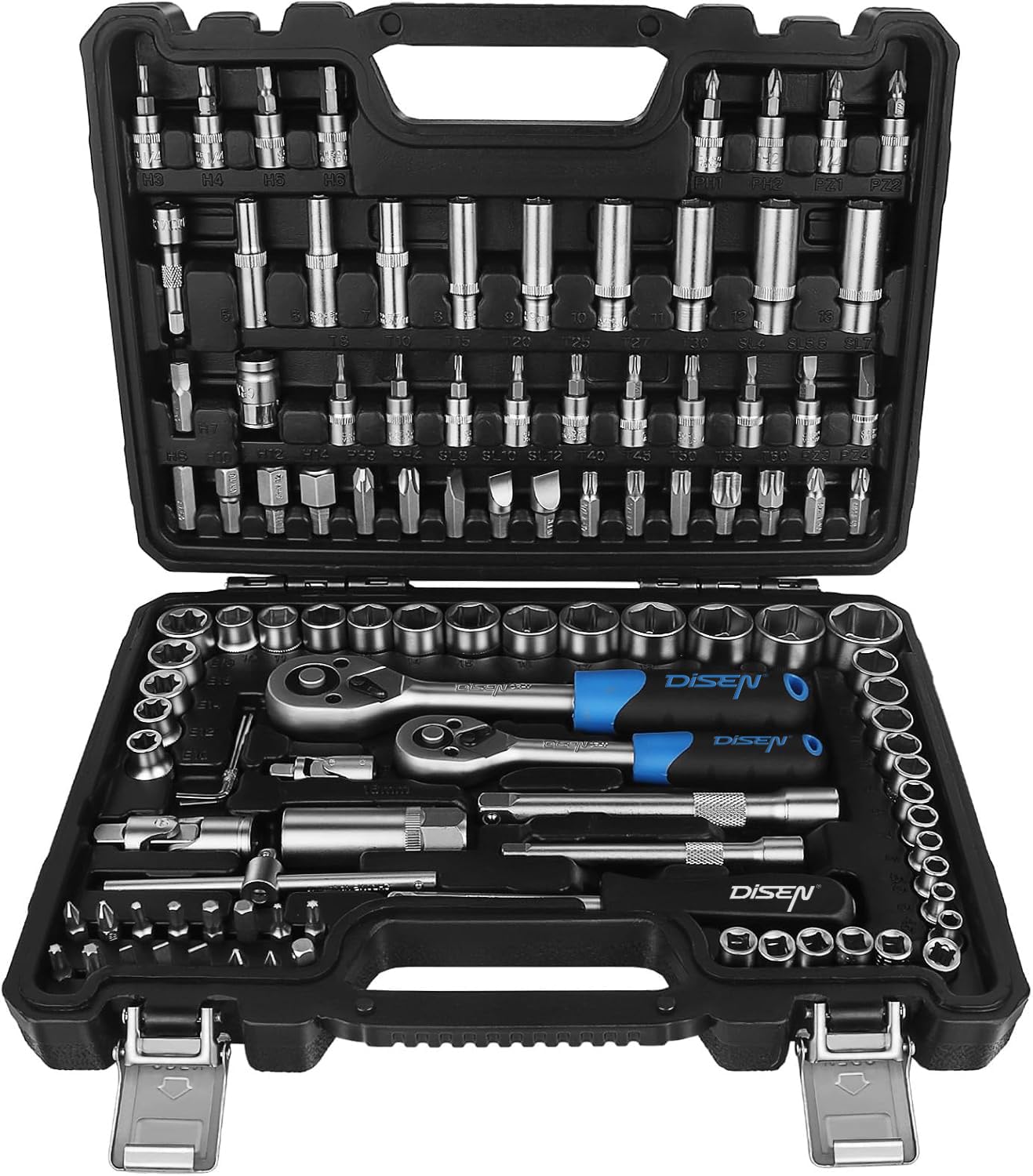 DISEN Steckschlüsselsatz 108-teilig, Ratschenschlüssel Knarrenkasten Set mit Umschaltknarre 1/4" und 3/8", inkl. Gängigen Torx - Bitsatz, Verlängerungen, Steckschlüssel Set und Nüsse für Heim