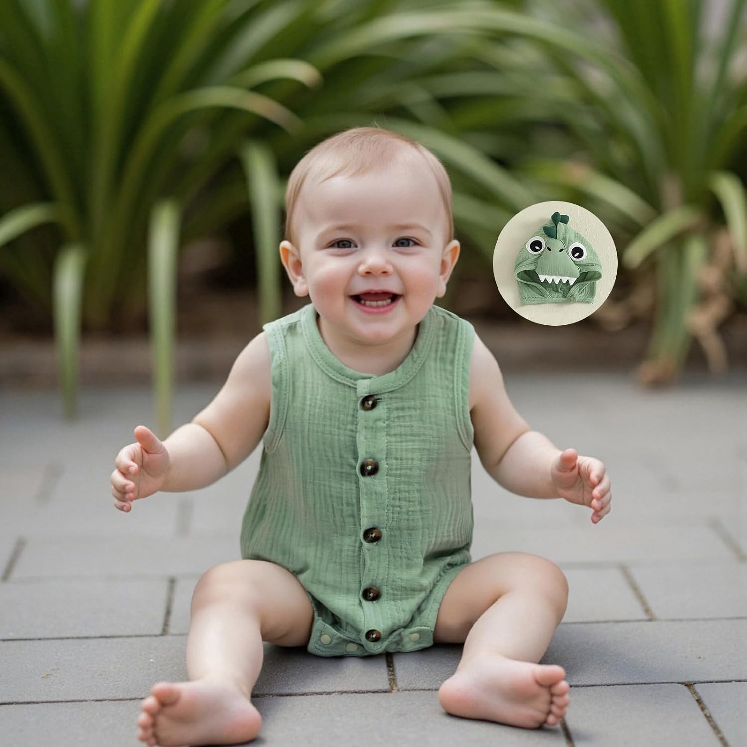 SAYOO Baby Boy Linen Cotton Bodysuit Sleeveless Button Down Basic Romper Shirt Dinosaur Animal Hat 2Pcs Newborn Layette Set