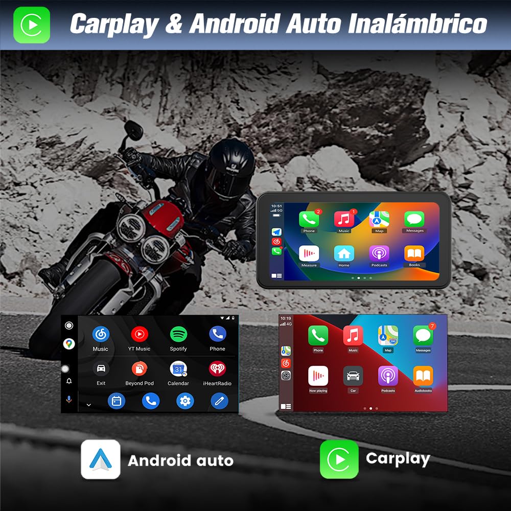 AWESAFE Pantalla Táctil de 6.25 Pulgadas para Motocicleta con CarPlay/Android Auto Inalámbrico, Estéreo Portátil con Pantalla IPS Impermeable/Dashcam 2K Frontal/Soporte para Moto，Admite Bluetooth/TF