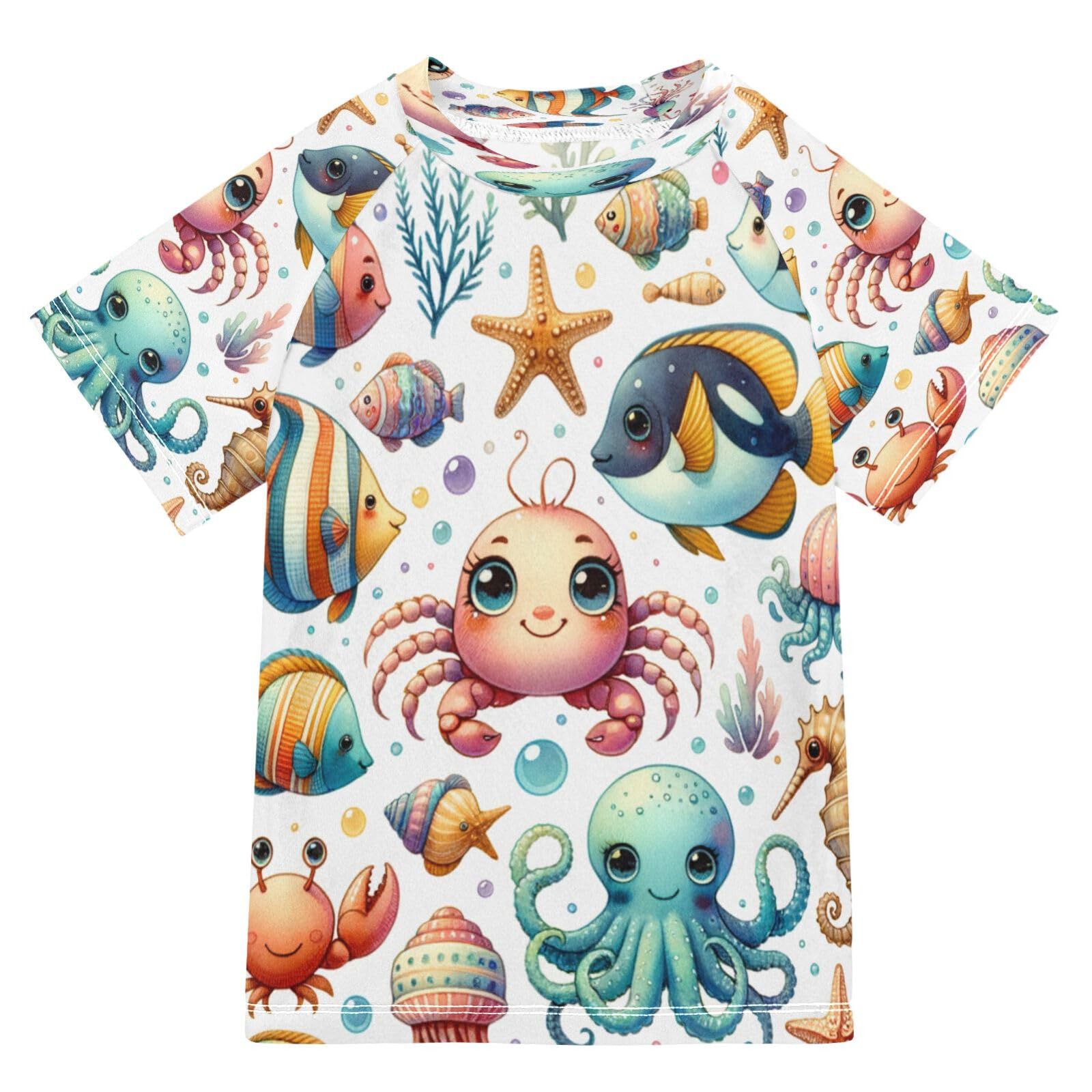 Toddler Boy Rash Guard Short Sleeve Swim Shirt Ocean Theme Print Rashguard 5-6T Beach Shirts Quick Dry,128