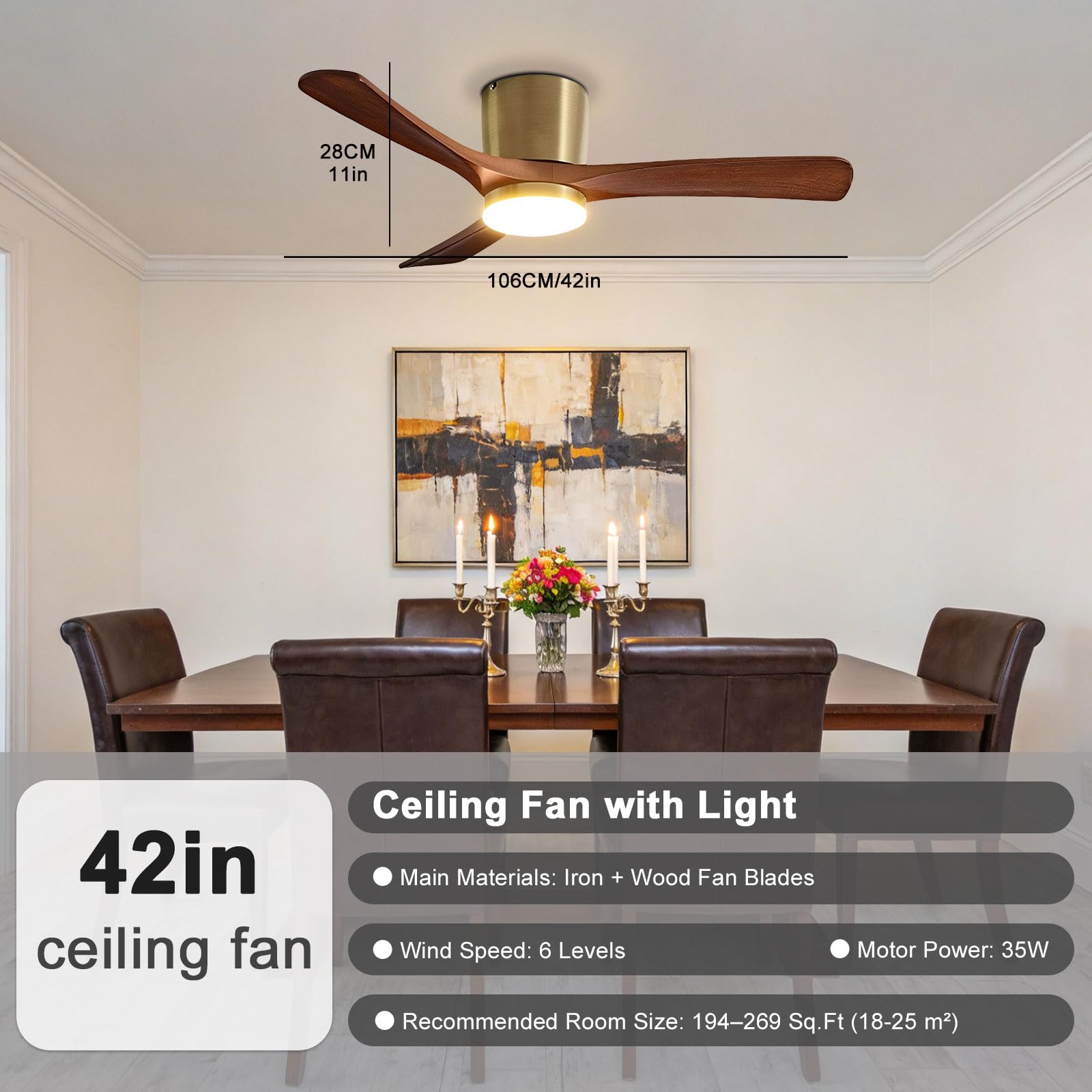 Ventilador de Techo de Madera de Nogal con luz, Moderno, silencioso, LED Regulable para Dormitorio, Comedor y Sala de Estar. Control Remoto Inteligente/aplicación/Voz.