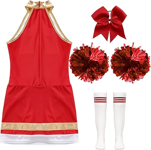 Miniatura 6 de YiZYiF Disfraz de líder de animadora de Halloween para niñas, uniforme de animación, vestido de baile de gimnasia con pompones, medias y corbata