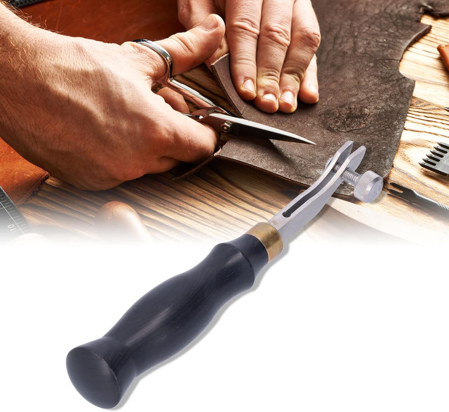 Pssopp Leather Edge Creaser Tool, 0.5mm Adjustable Skiving Tool, Stainless Steel with Wooden Handle