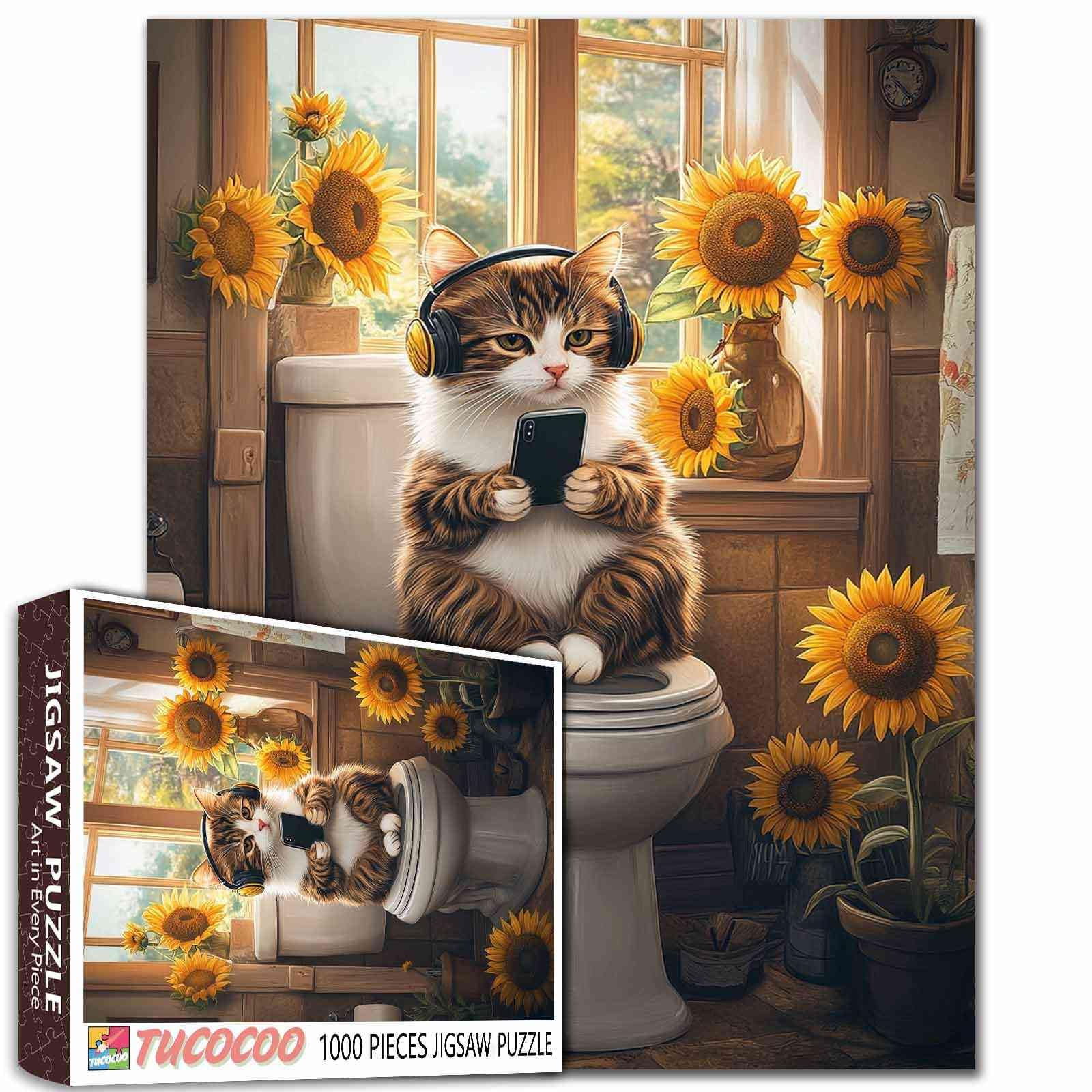 1000 Piece Jigsaw Puzzle Cute Cat on Toilet with Sunflowers Farmhouse Decor 27x20 Inches Challenging Art for Adults Teens Family Activity Games Colorful DIY Craft Puzzle for Home Decor Gifts โ image 1