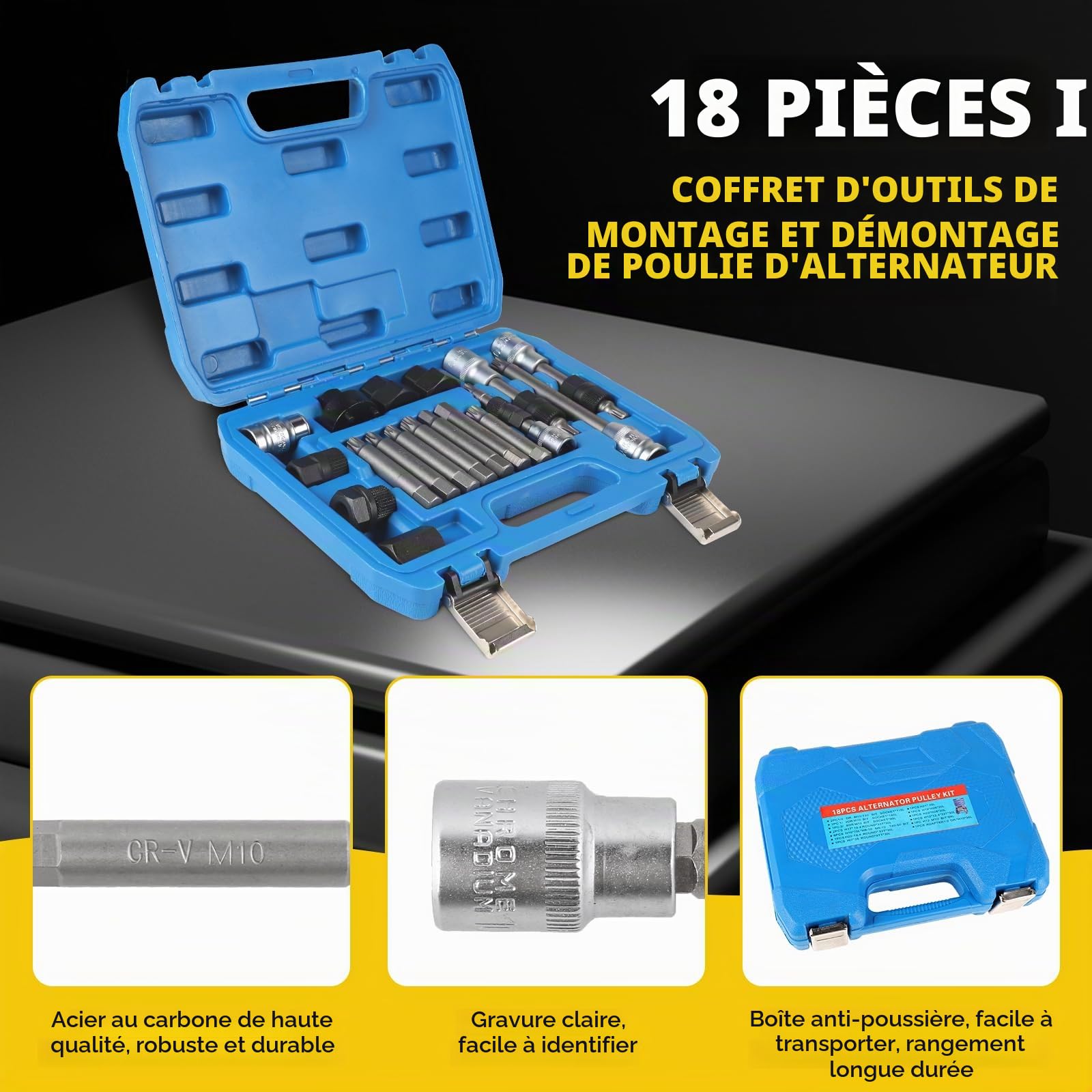 Kit d’Outils de démarreur 18 pièces, Jeu de Douilles et extracteur de Roue Libre pour Le Retrait de la poulie du démarreur Automobile, Compatible avec Ford, Audi, BMW, Mercedes, Volkswagen