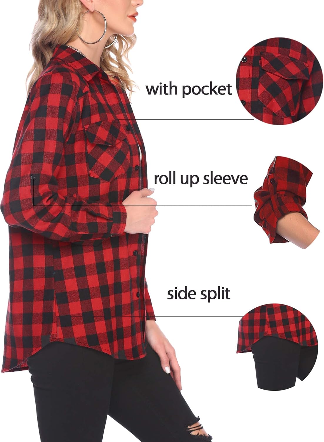 HOTOUCH Women’s Christmas Roll Up Long Sleeve Collared Button Down Plaid Shirt Plus Size - Image 5