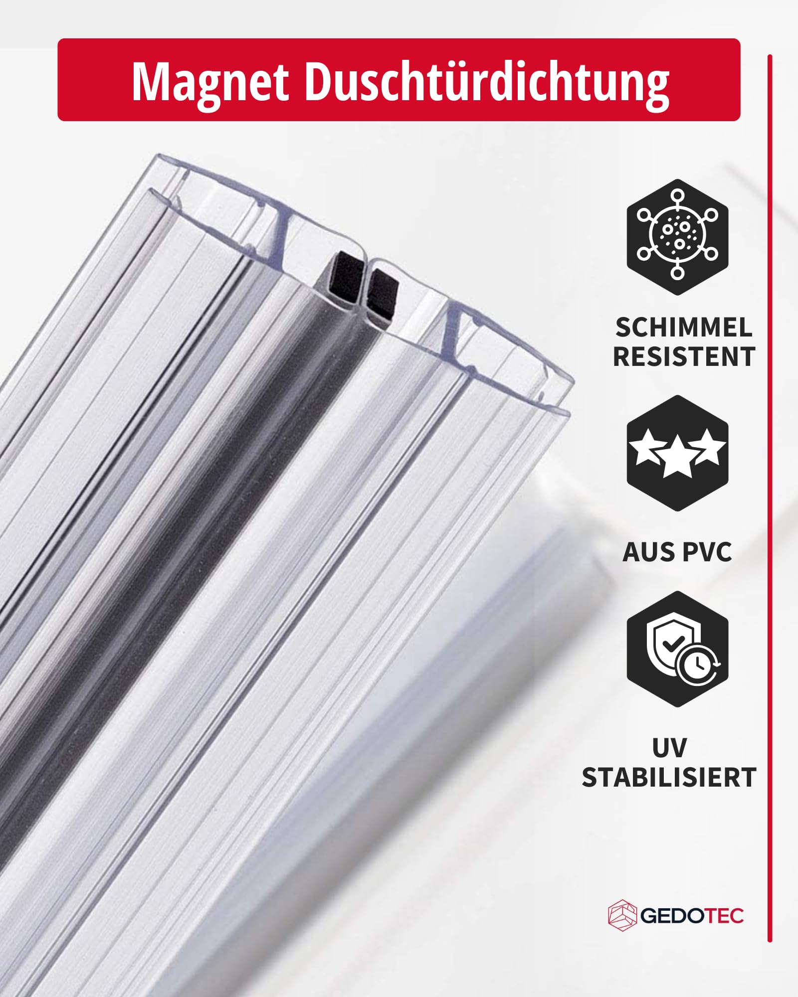 Gedotec Junta magnética de labio de ducha impermeable para puertas de ducha – 1 par de juntas magnéticas 180° sin tope – Junta magnética de ducha PVC Longitud: 2 m – Junta de ducha 6 mm – 8 mm