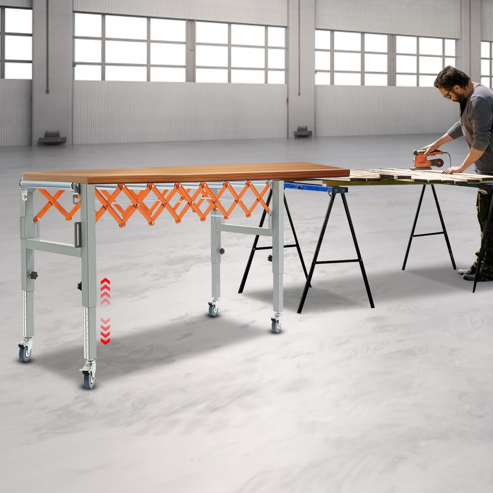 Soporte de Rodillos transportadores Ajustable, Cinta transportadora giratoria Extensible con 4 Ruedas, Mesa Extensible con Sistema de gi-ro de Rodillos y 2 Ganchos, Carro telescópico