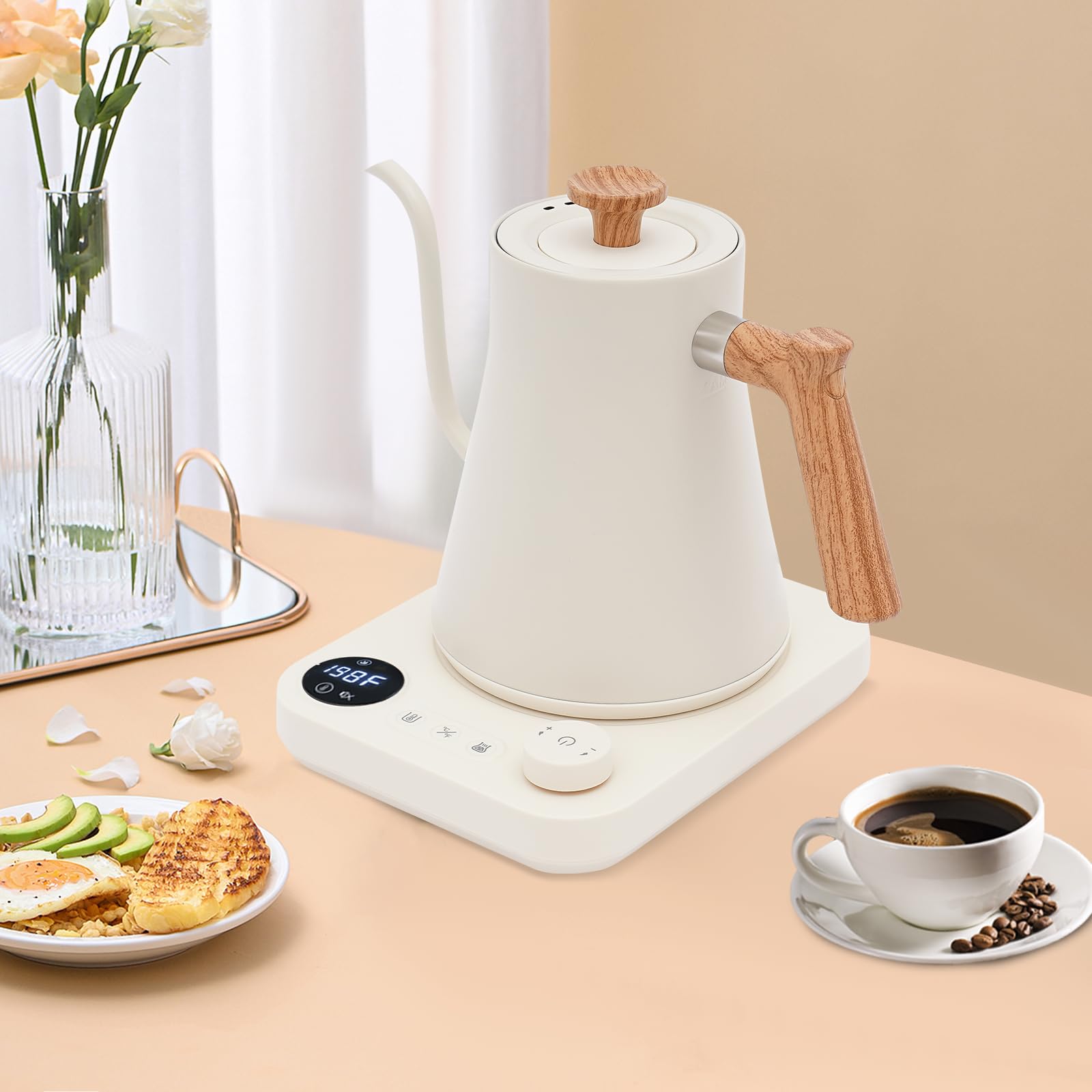 Bollitore elettrico a collo d'oca 900ml con controllo della temperatura display a LED,bollitore acciaio inossidabile ebollizione rapida for caffè versato sulla pressa francese(White)